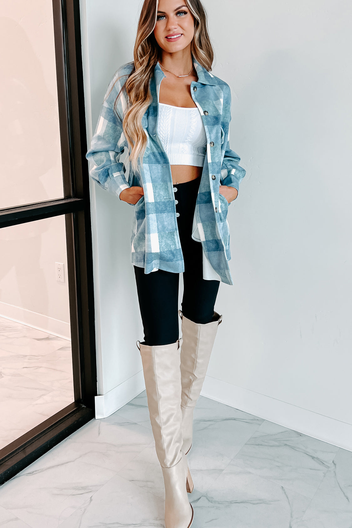 Easy To Read Long Plaid Shacket (Blue)-The Formal Wear