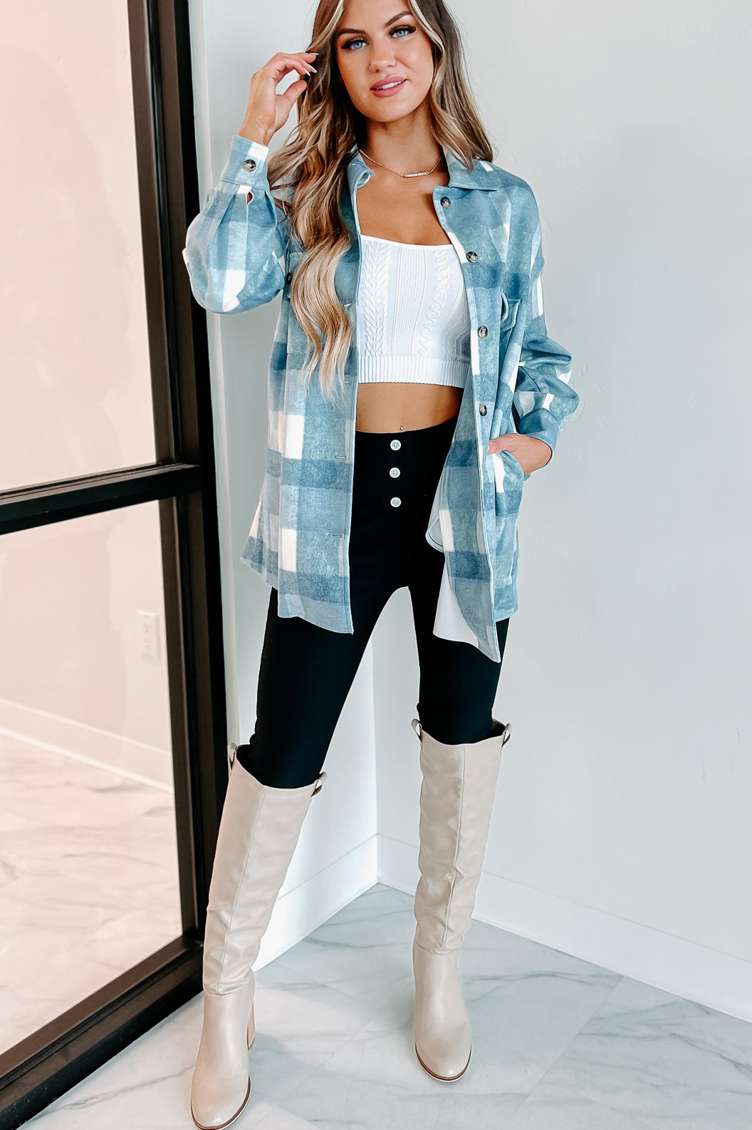 Easy To Read Long Plaid Shacket (Blue)-The Formal Wear