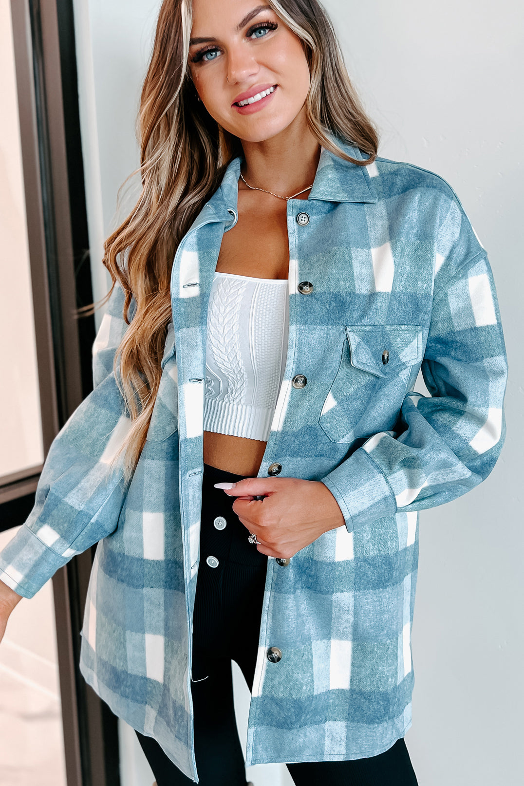 Easy To Read Long Plaid Shacket (Blue)-The Formal Wear