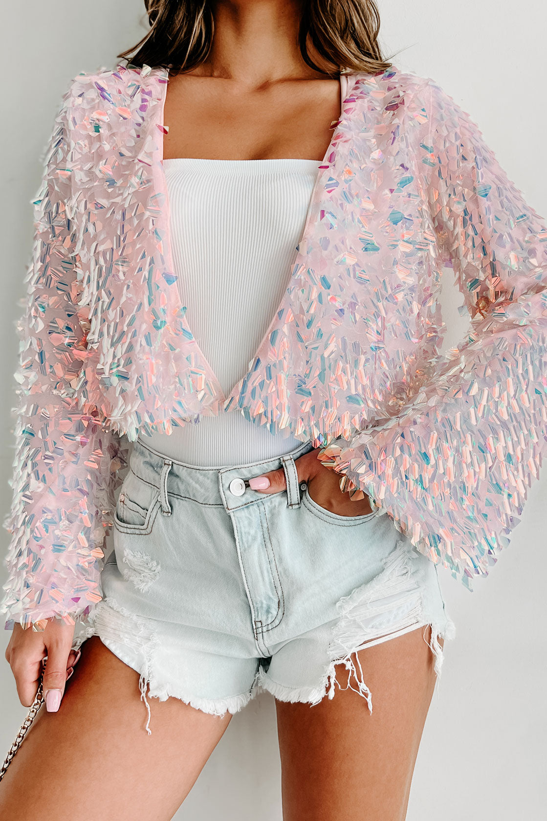 Mesmerizing Sight Open Front Iridescent Sequin Cardigan (Pink)-The Formal Wear
