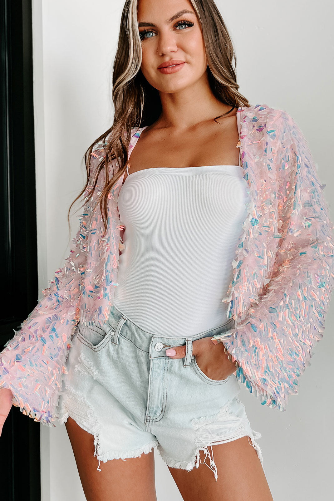 Mesmerizing Sight Open Front Iridescent Sequin Cardigan (Pink)-The Formal Wear