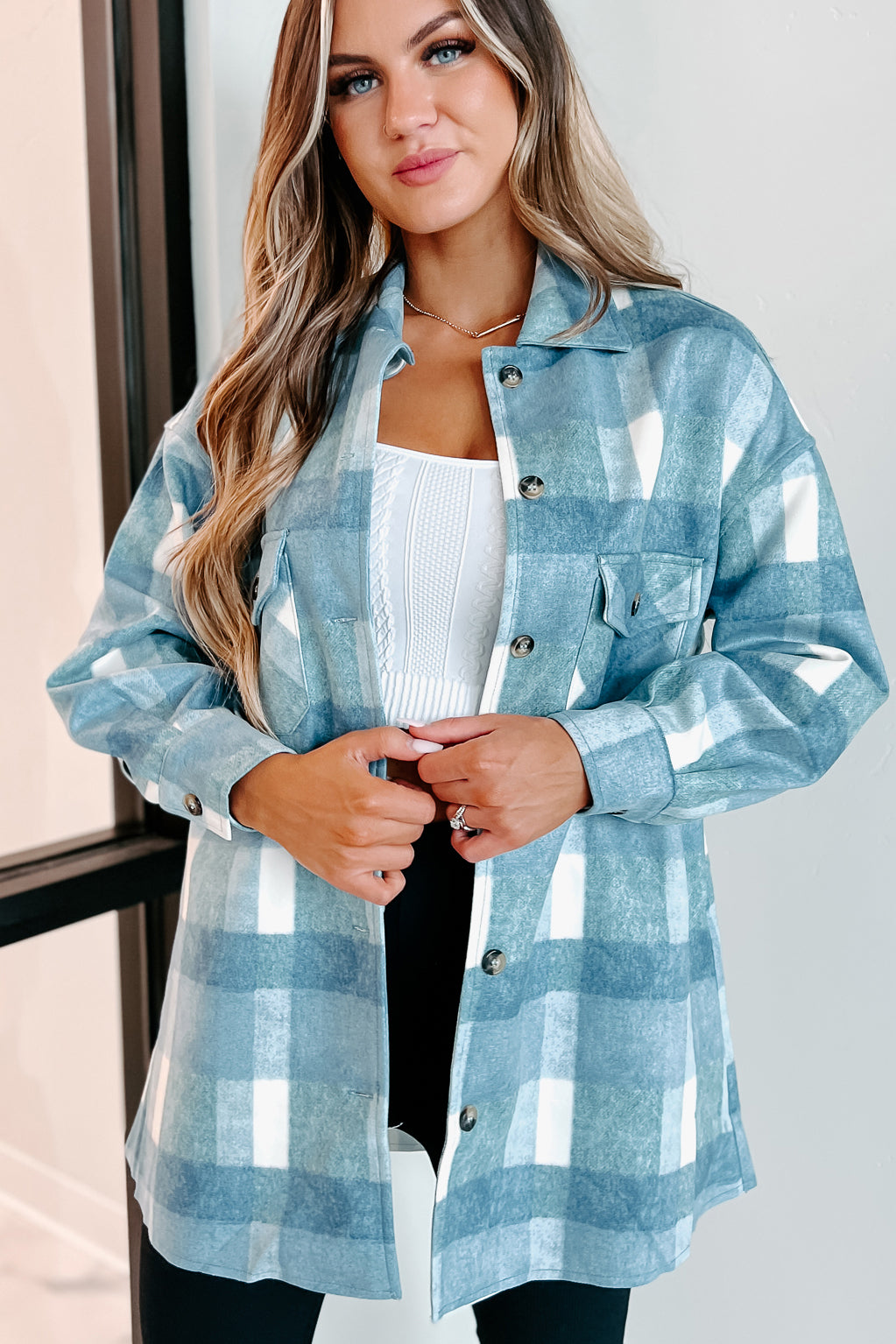 Easy To Read Long Plaid Shacket (Blue)-The Formal Wear