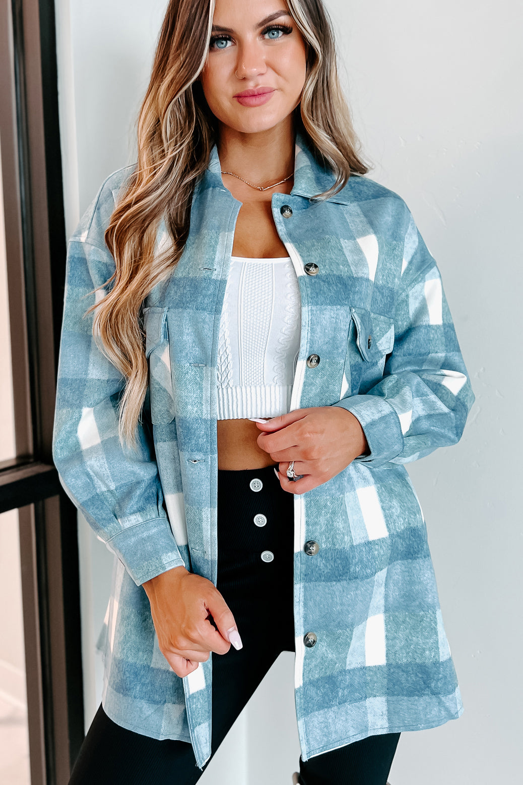 Easy To Read Long Plaid Shacket (Blue)-The Formal Wear