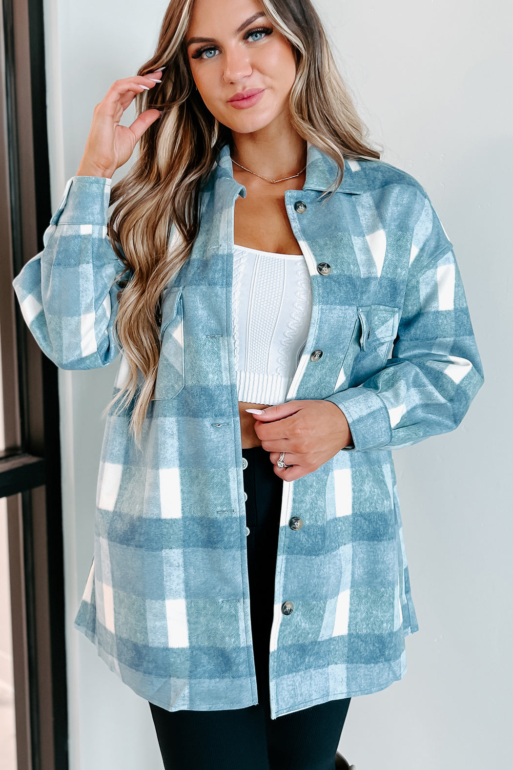 Easy To Read Long Plaid Shacket (Blue)-The Formal Wear