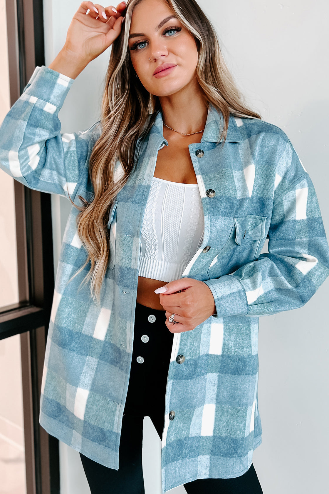 Easy To Read Long Plaid Shacket (Blue)-The Formal Wear