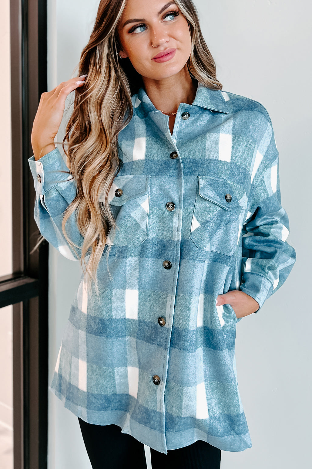 Easy To Read Long Plaid Shacket (Blue)-The Formal Wear
