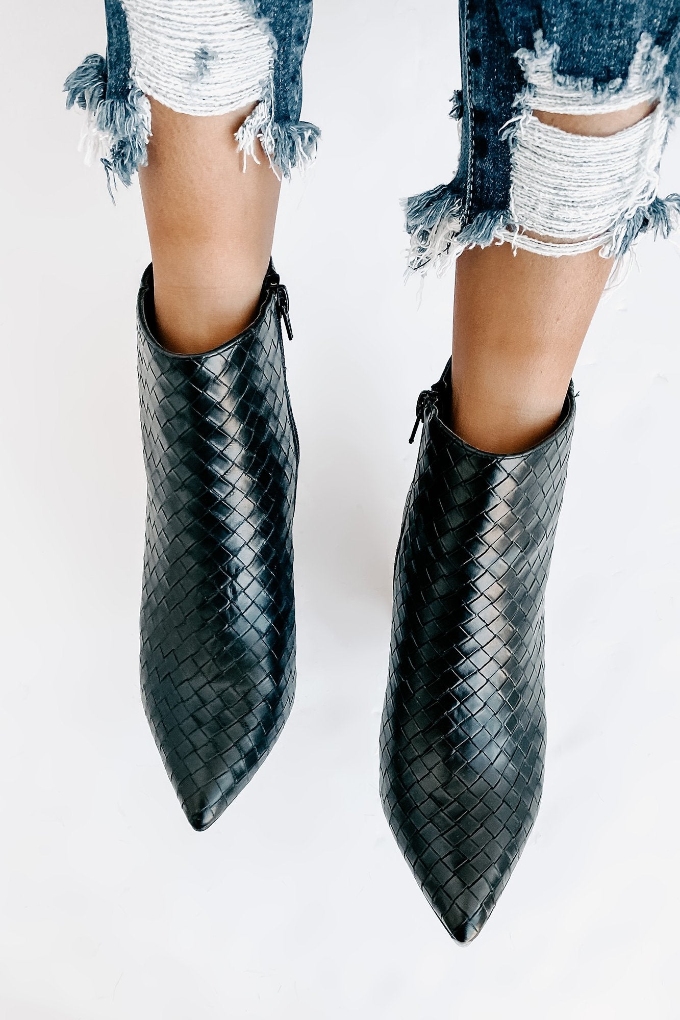 Tabby Faux Leather Woven Textured Booties (Black)-The Formal Wear