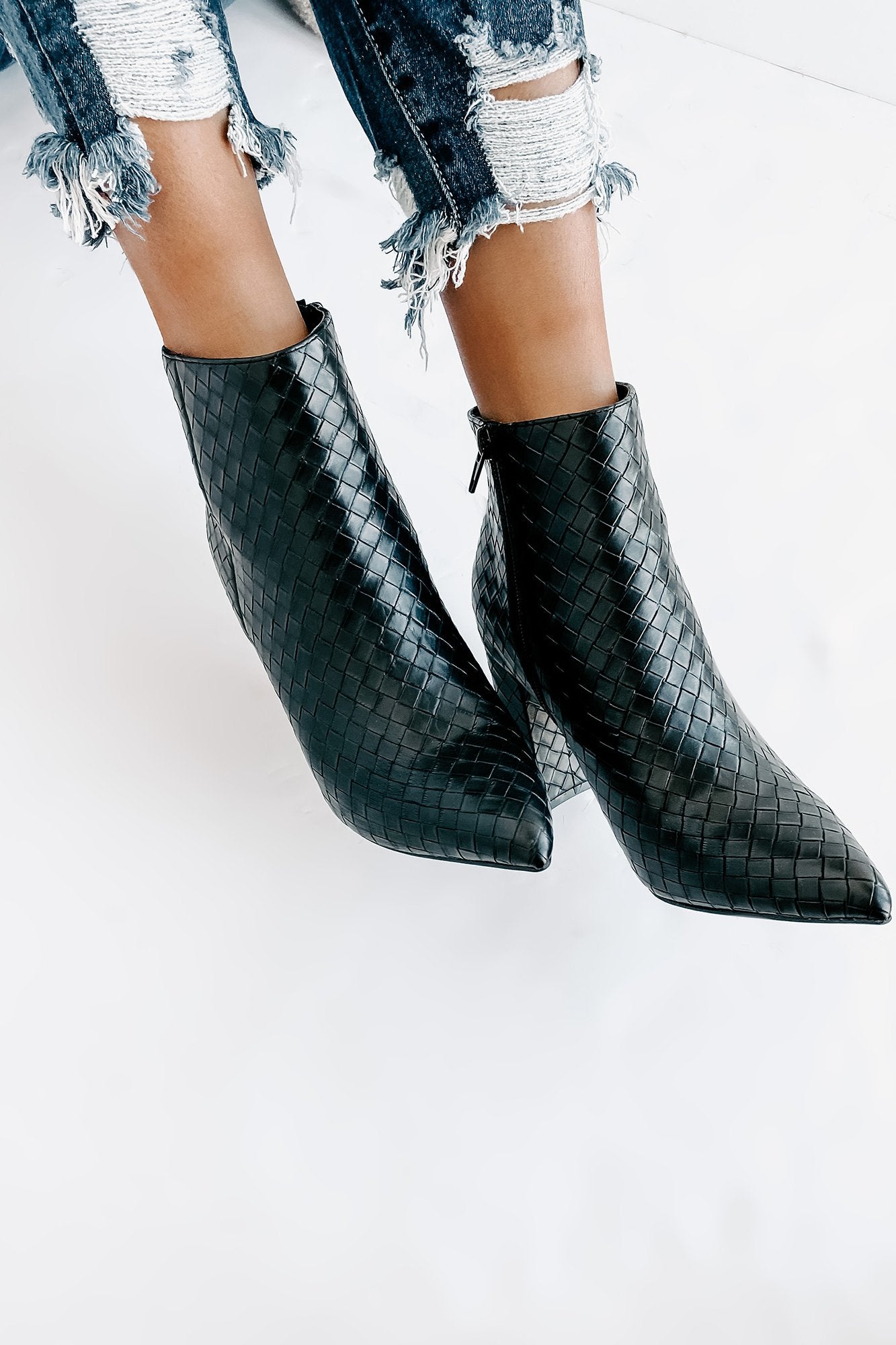 Tabby Faux Leather Woven Textured Booties (Black)-The Formal Wear