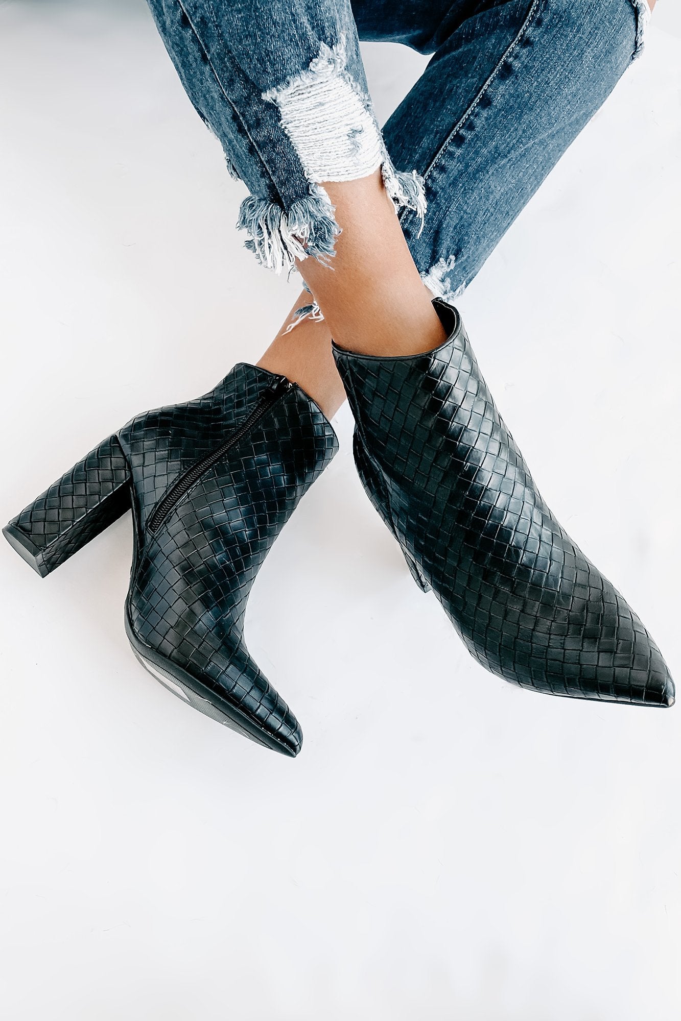 Tabby Faux Leather Woven Textured Booties (Black)-The Formal Wear