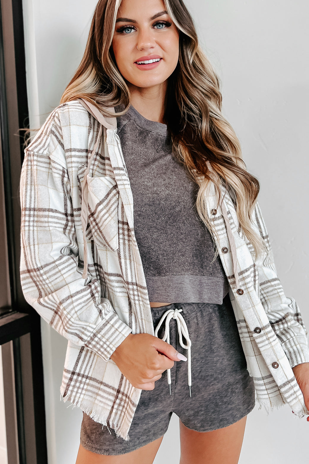 Soph Plaid Hooded Shacket (Cream)-The Formal Wear