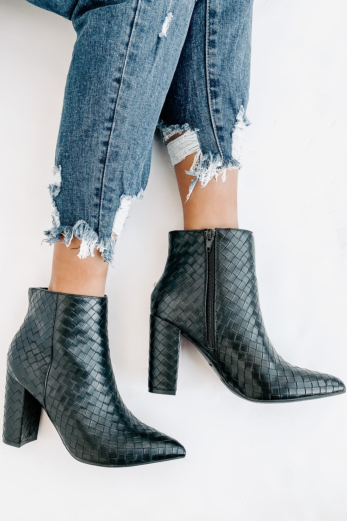 Tabby Faux Leather Woven Textured Booties (Black)-The Formal Wear