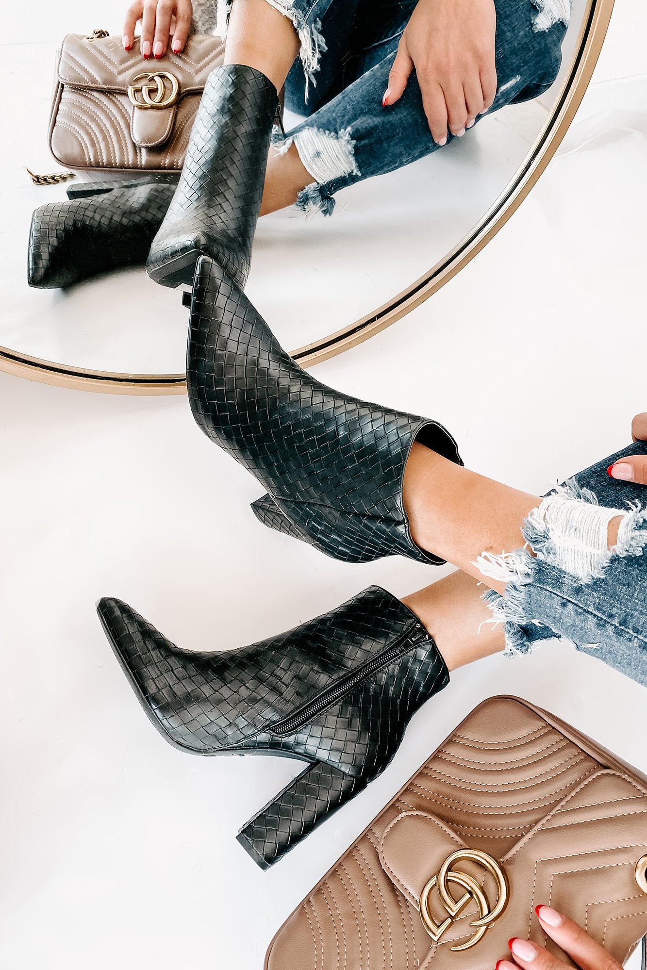 Tabby Faux Leather Woven Textured Booties (Black)-The Formal Wear