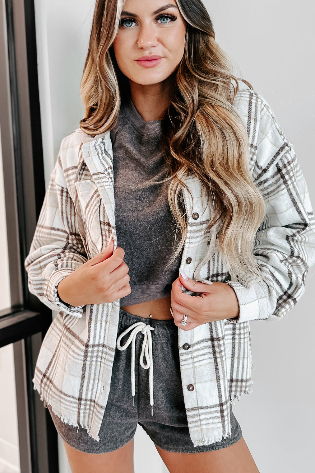 Soph Plaid Hooded Shacket (Cream)-The Formal Wear