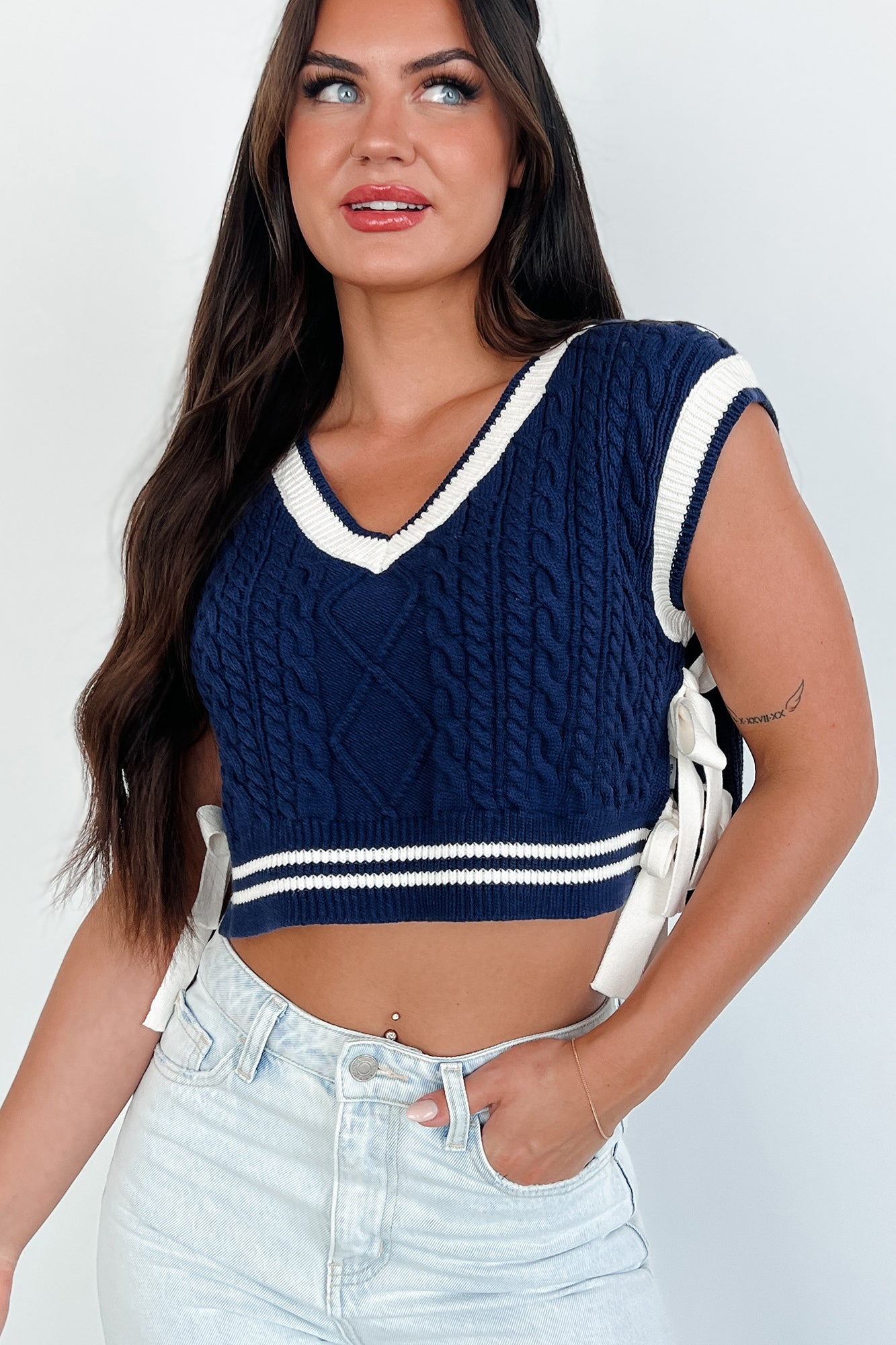 Better Take Notes Side Tie Sweater Vest (Navy/Off White)-The Formal Wear