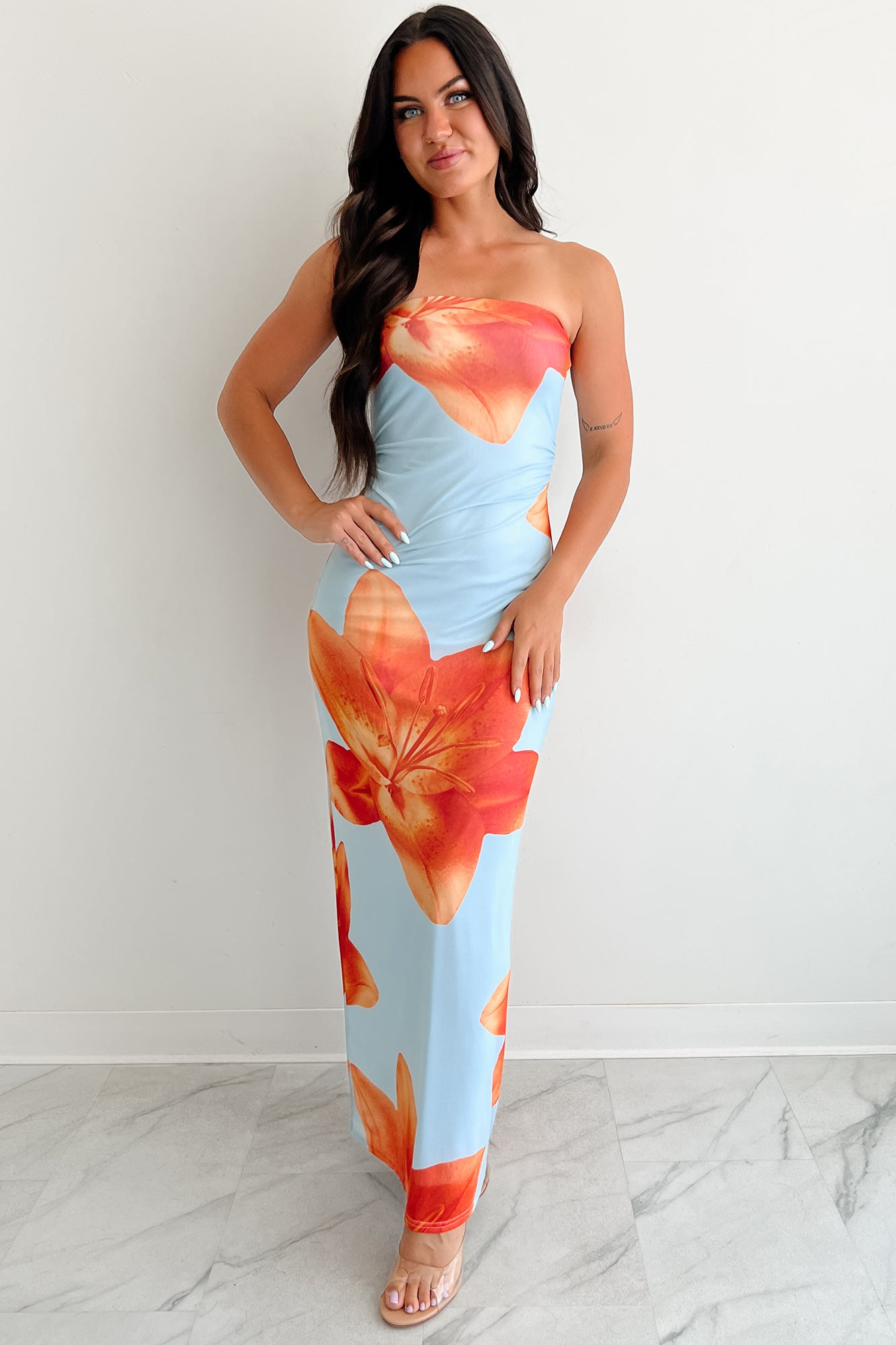 Here To Flirt Strapless Floral Maxi Dress (Light Blue)-The Formal Wear