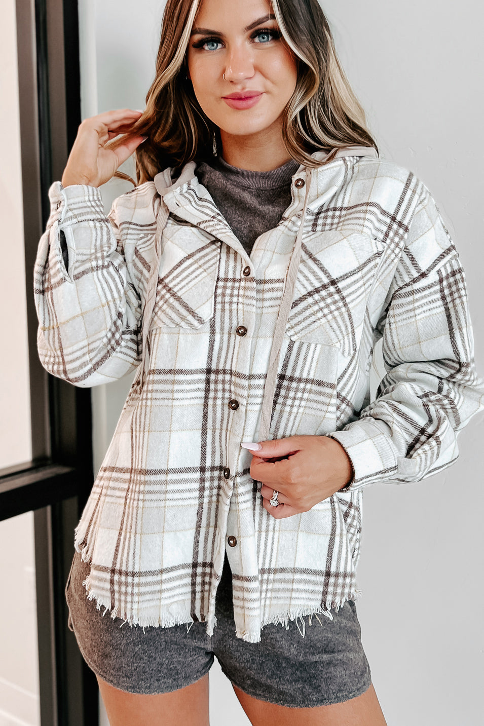 Soph Plaid Hooded Shacket (Cream)-The Formal Wear