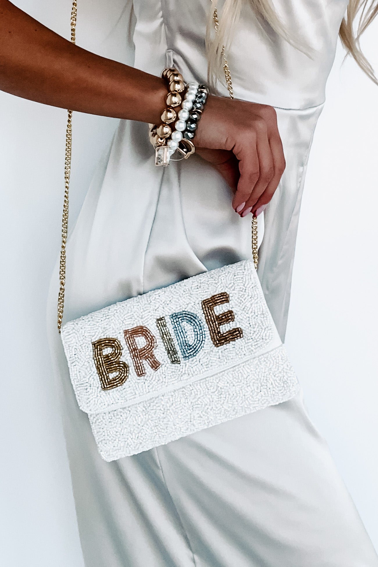 Small "Bride" Neutral Beaded Clutch (Small Tonal Bride)-The Formal Wear