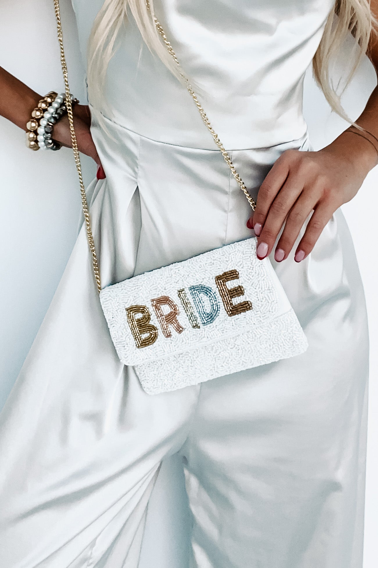 Small "Bride" Neutral Beaded Clutch (Small Tonal Bride)-The Formal Wear