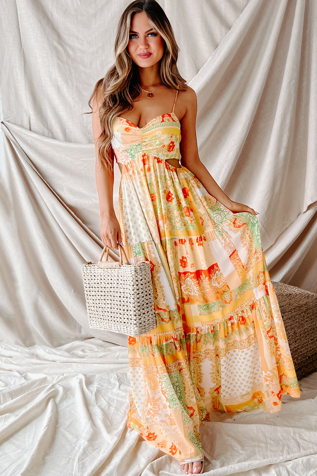 Living For Sunshine Printed Cut-Out Maxi Dress (Ivory/Yellow)-The Formal Wear