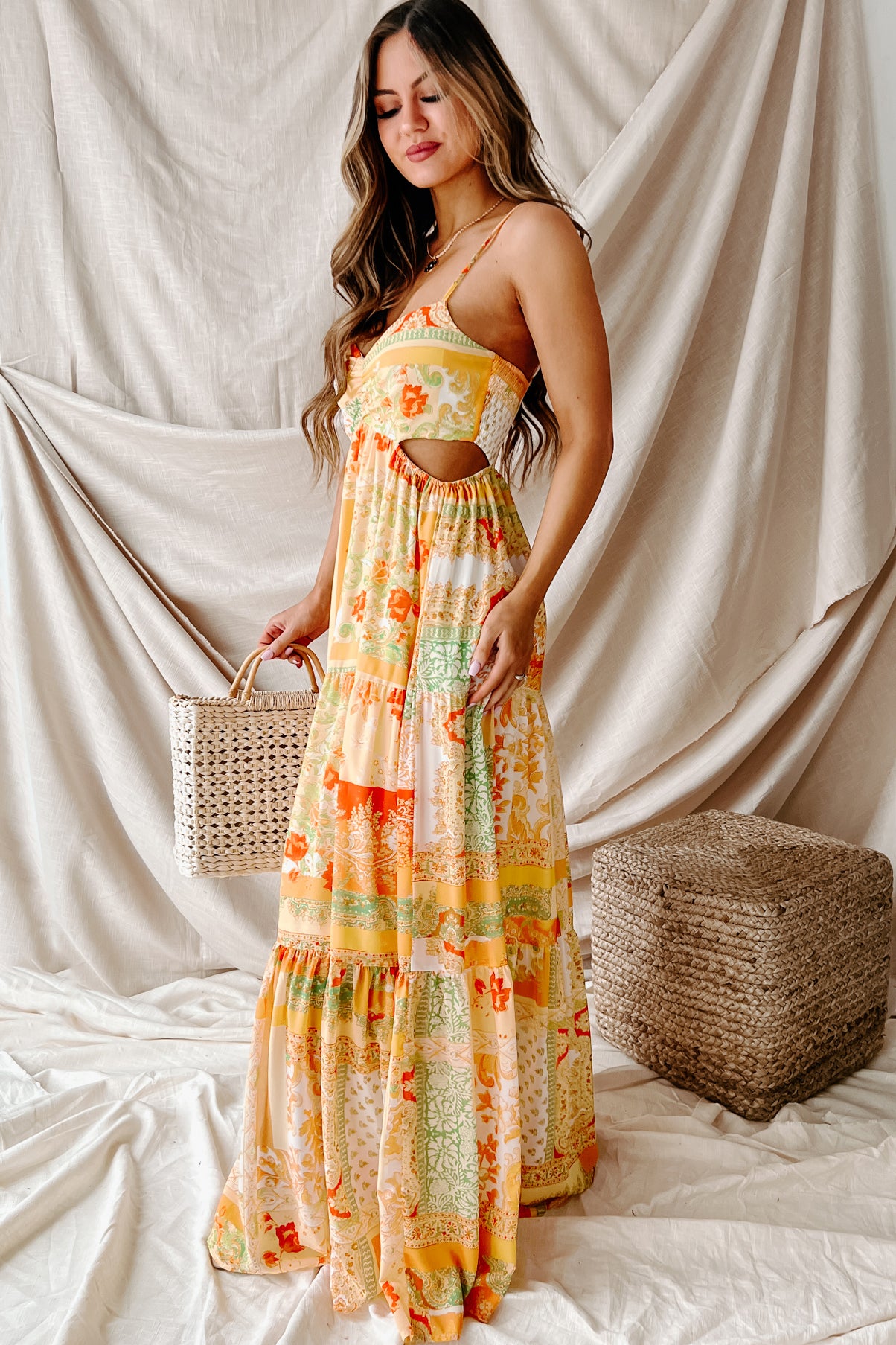 Living For Sunshine Printed Cut-Out Maxi Dress (Ivory/Yellow)-The Formal Wear