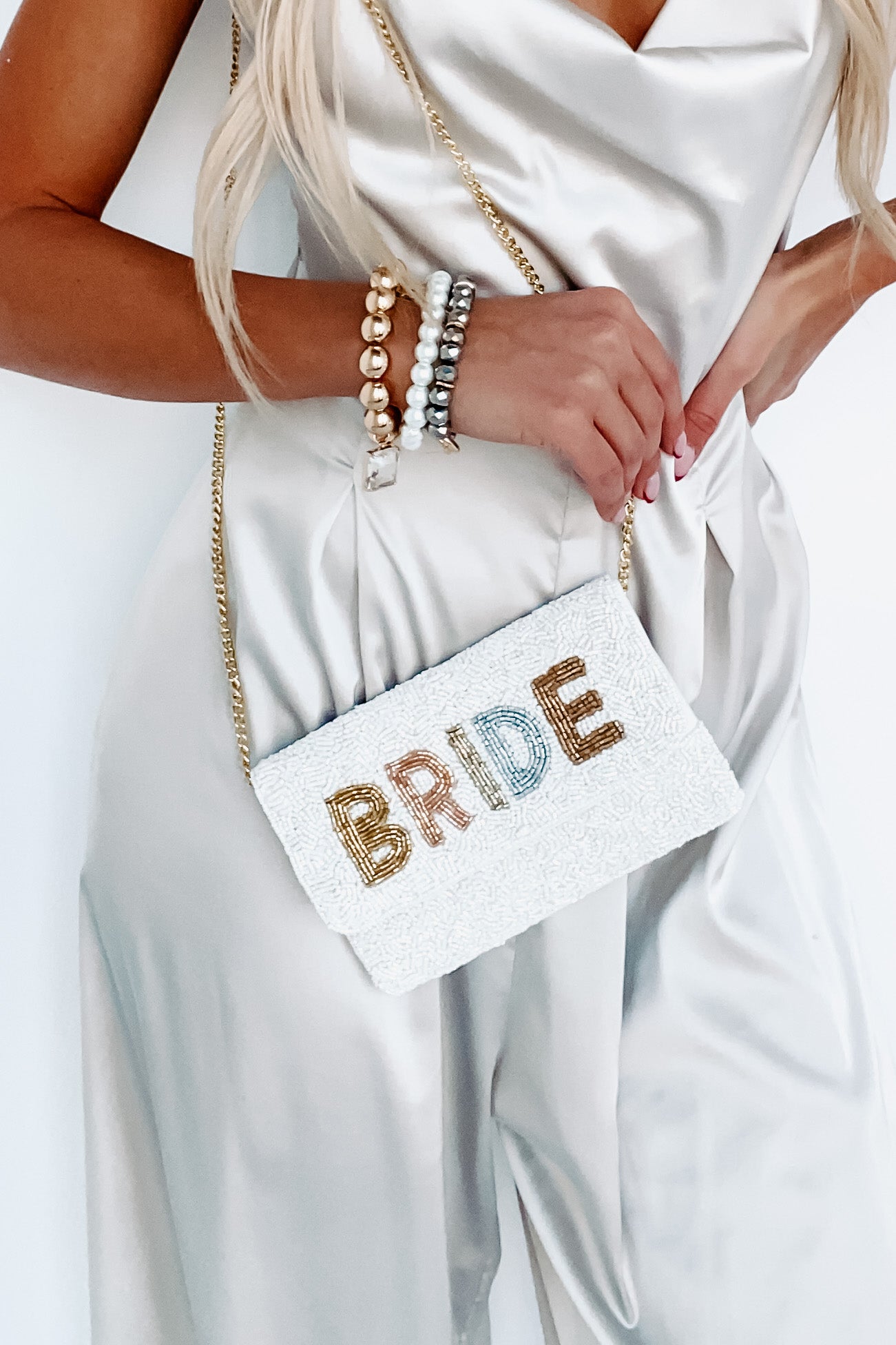 Small "Bride" Neutral Beaded Clutch (Small Tonal Bride)-The Formal Wear
