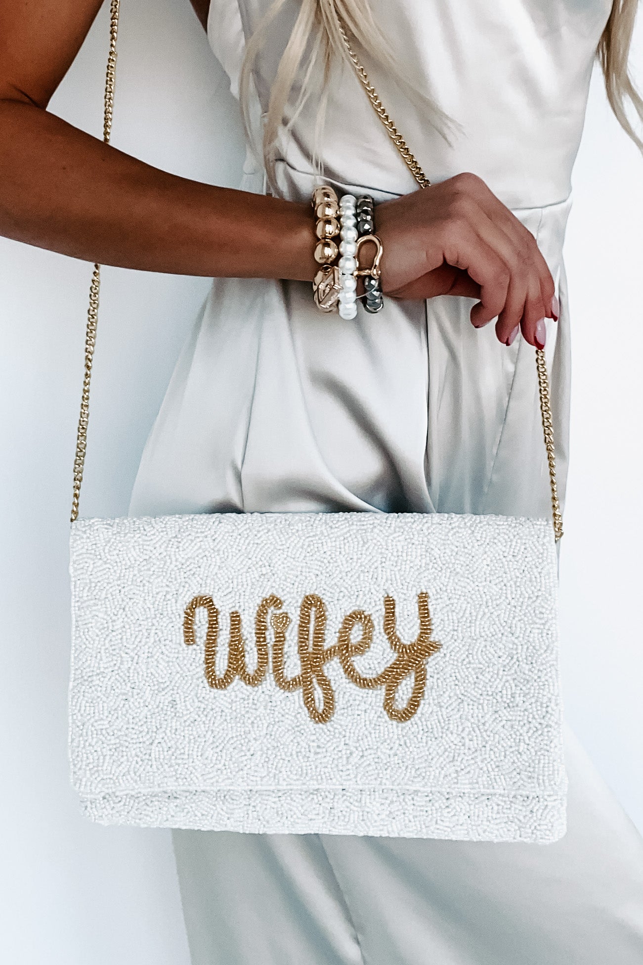 Cursive "Wifey" Beaded Clutch (Wifey Beaded Gold)-The Formal Wear