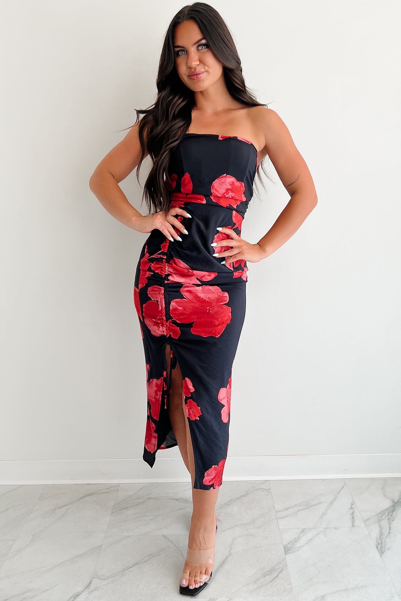 Flirt It Off Strapless Floral Midi Dress (Black/Red)-The Formal Wear
