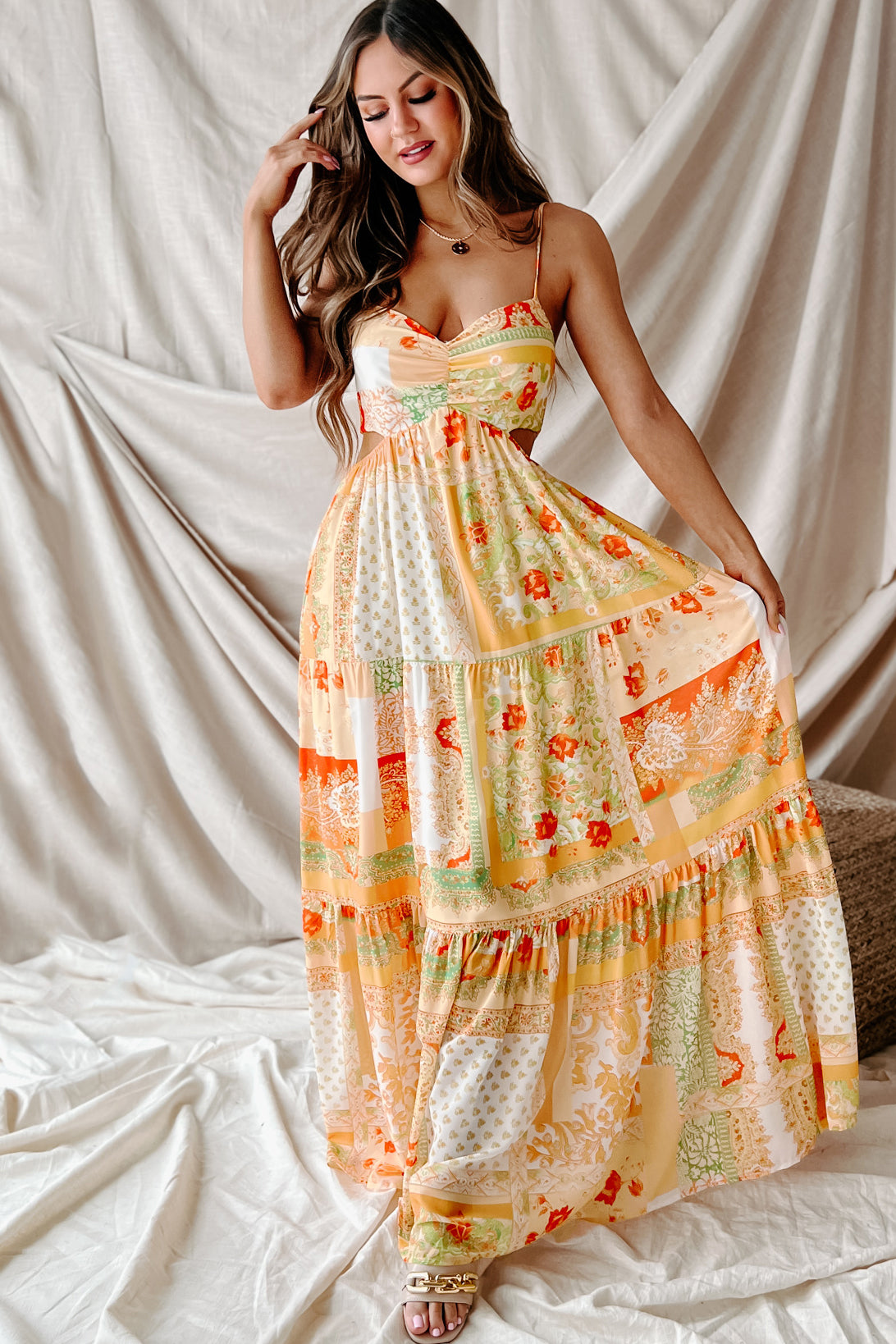 Living For Sunshine Printed Cut-Out Maxi Dress (Ivory/Yellow)-The Formal Wear