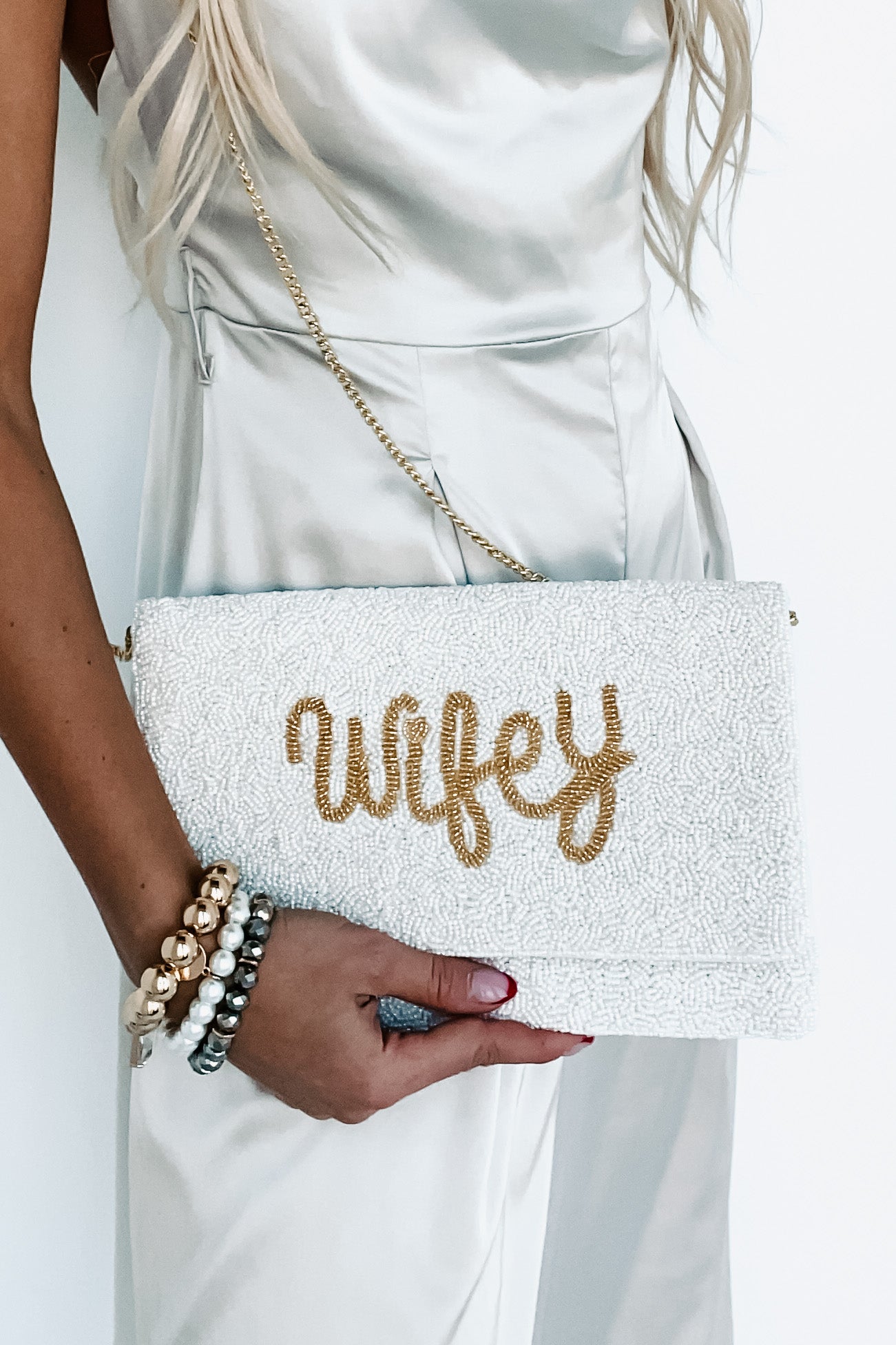 Cursive "Wifey" Beaded Clutch (Wifey Beaded Gold)-The Formal Wear