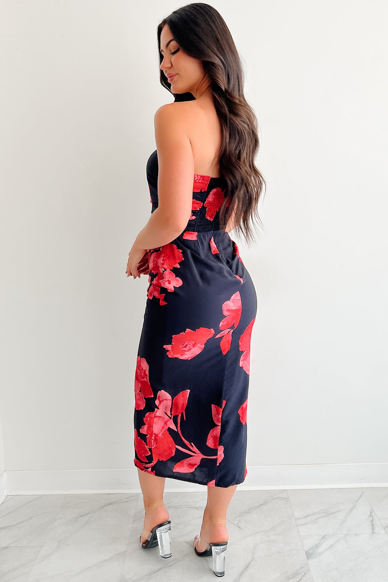 Flirt It Off Strapless Floral Midi Dress (Black/Red)-The Formal Wear