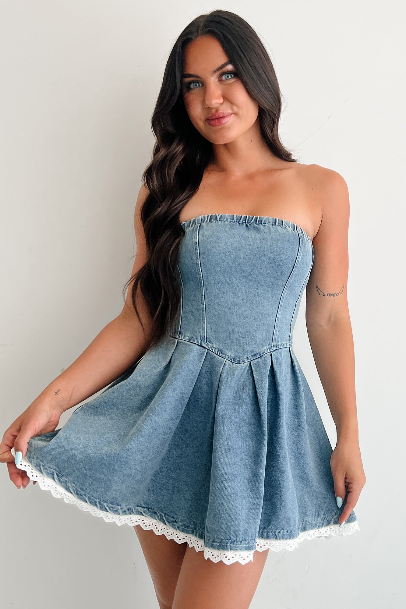 Not Your Muse Strapless Denim Mini Dress (Denim)-The Formal Wear