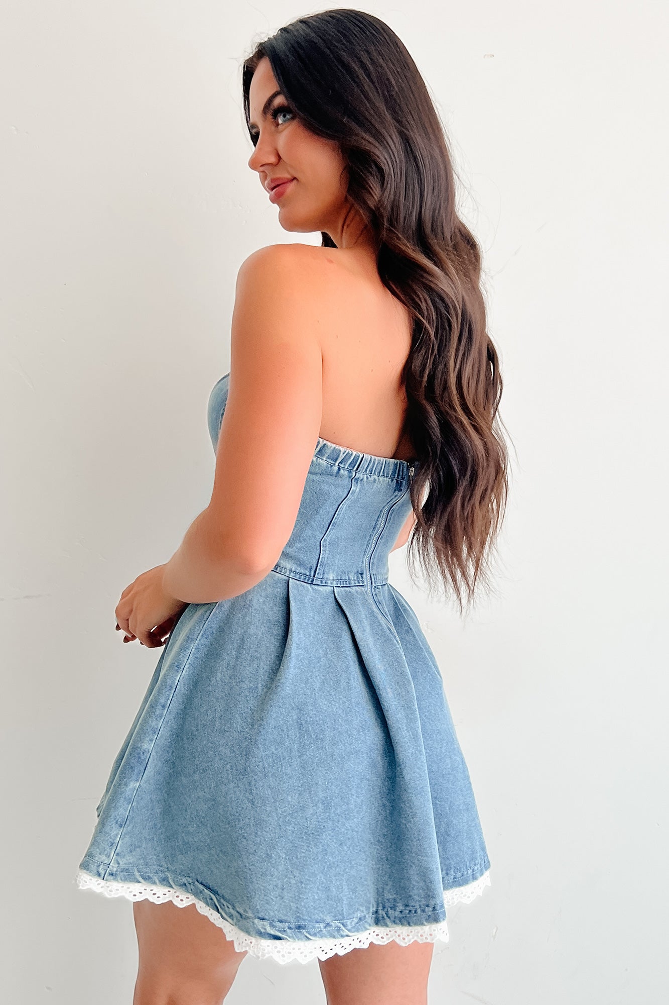Not Your Muse Strapless Denim Mini Dress (Denim)-The Formal Wear