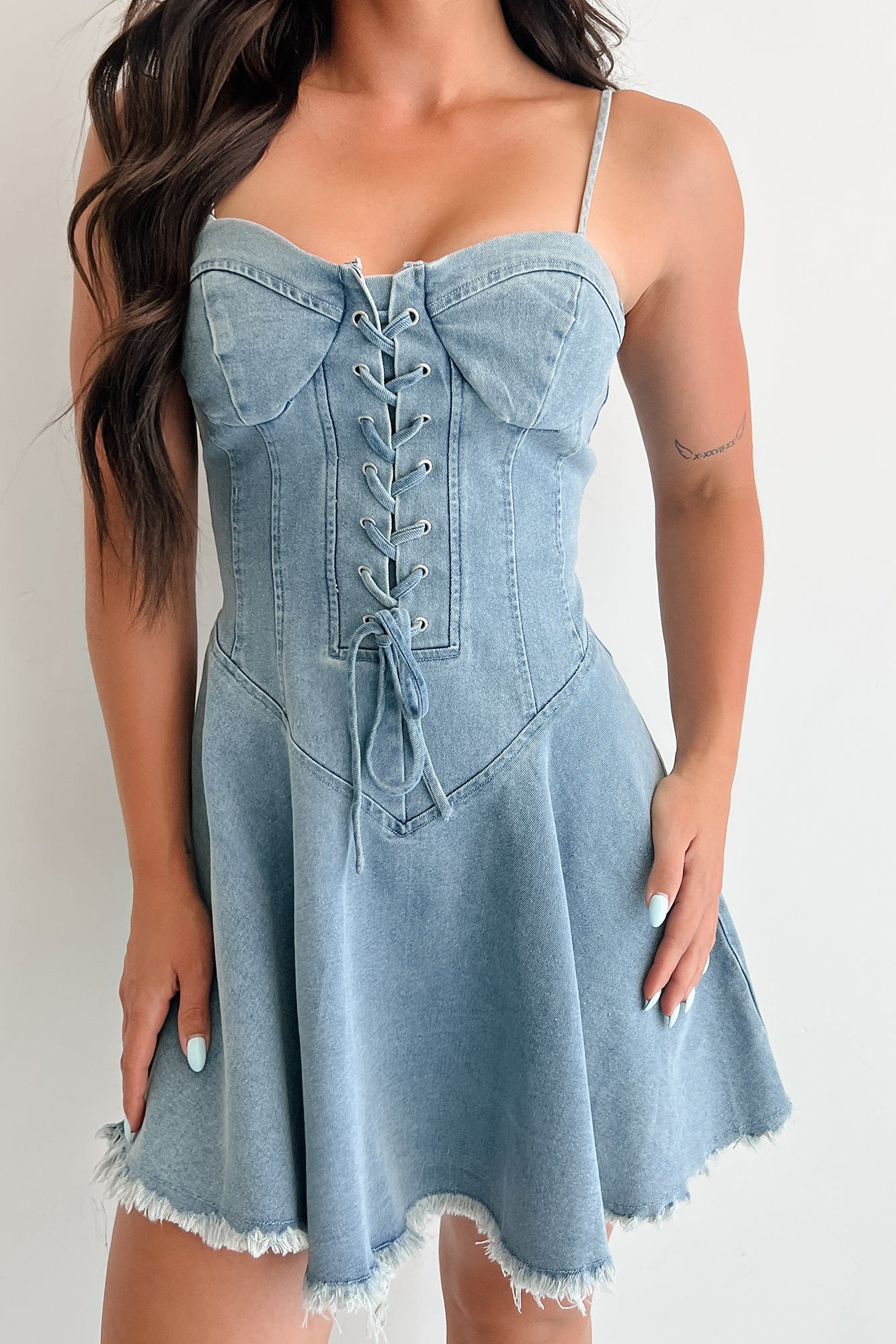 Watch Her Rise Sleeveless Denim Mini Dress (Denim)-The Formal Wear