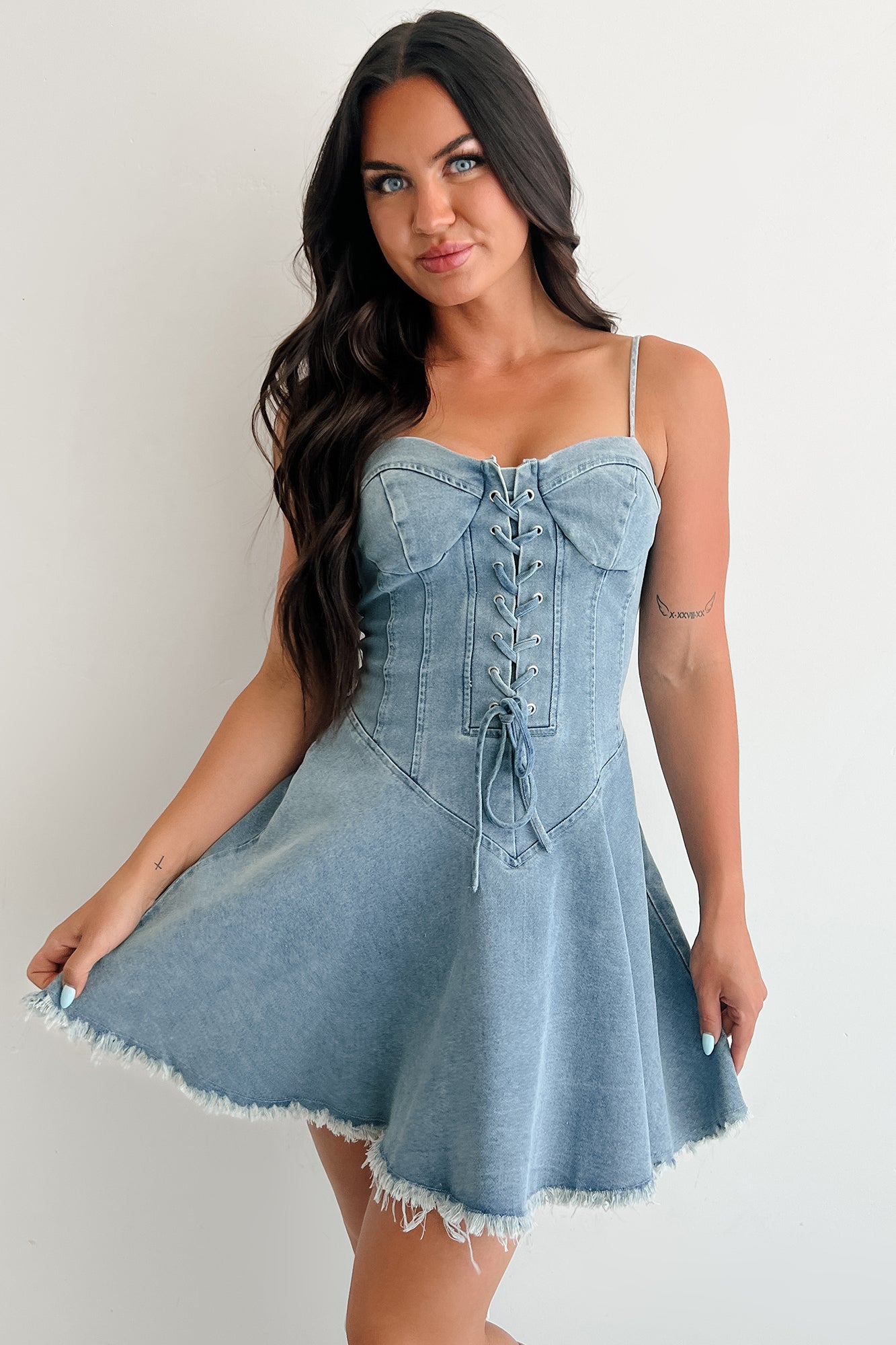 Watch Her Rise Sleeveless Denim Mini Dress (Denim)-The Formal Wear