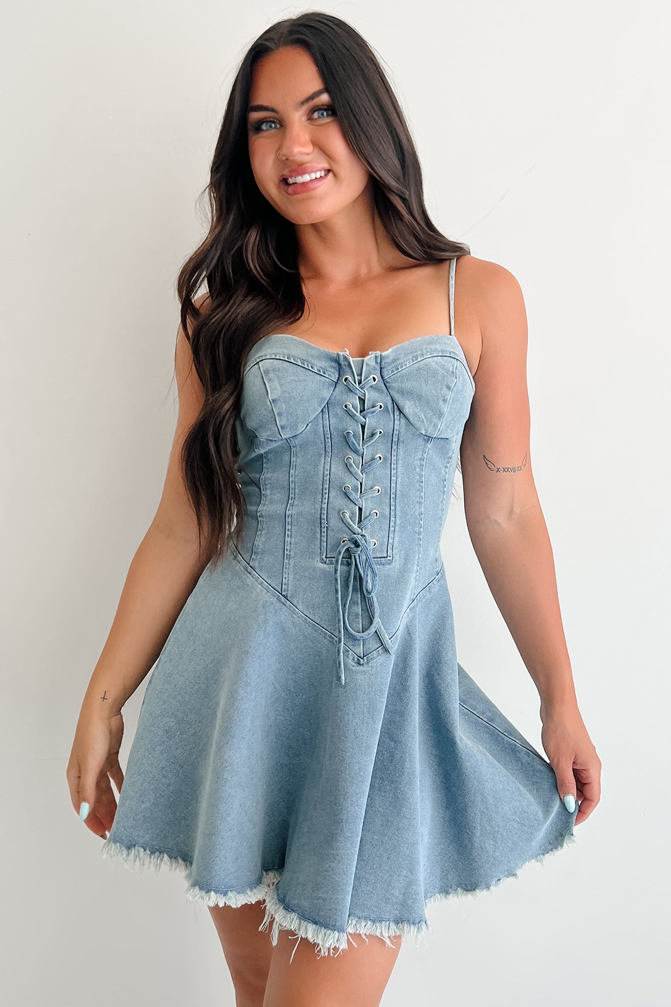 Watch Her Rise Sleeveless Denim Mini Dress (Denim)-The Formal Wear