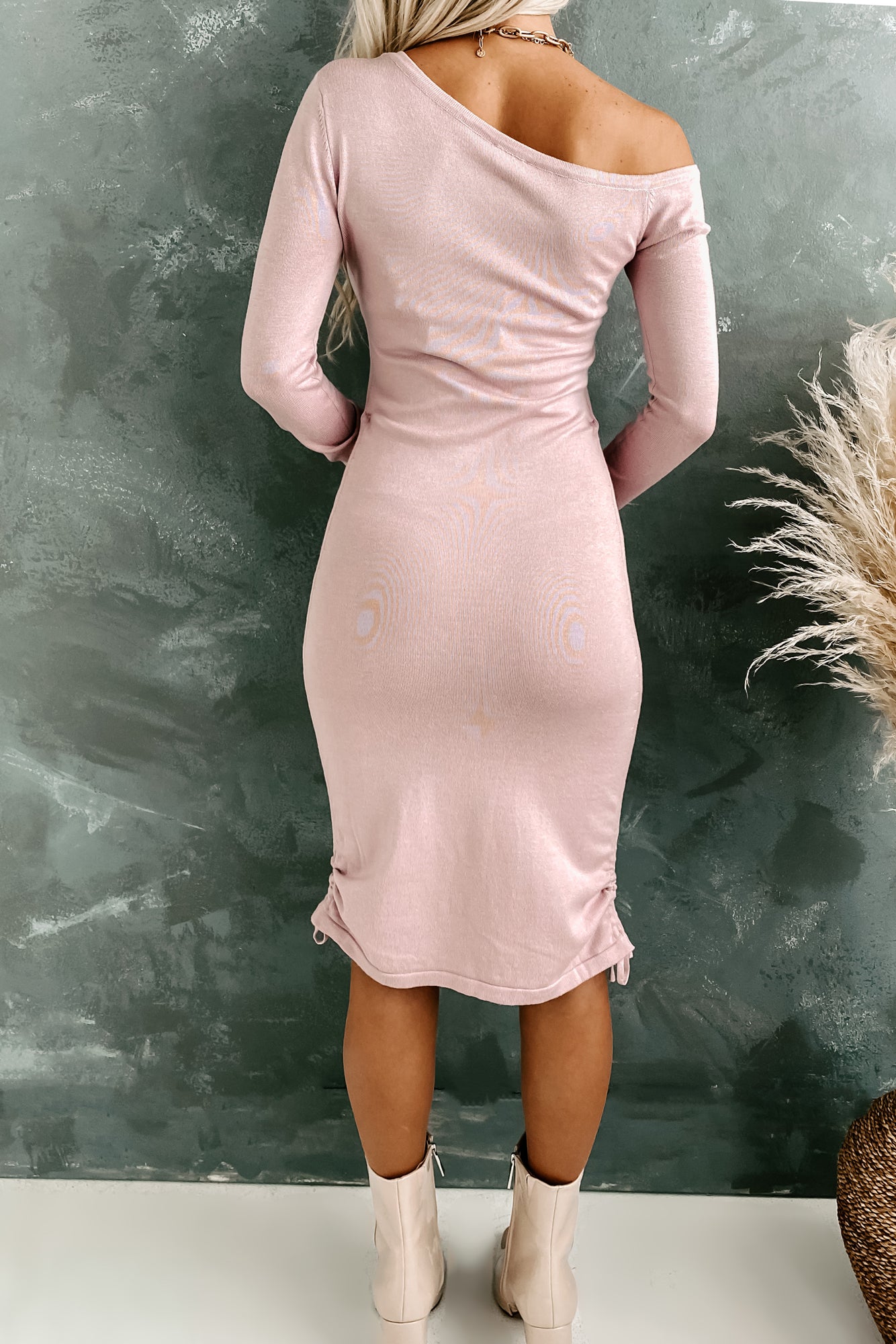 Exacting Standards One Shoulder Ruching Sweater Dress (Blush)-The Formal Wear