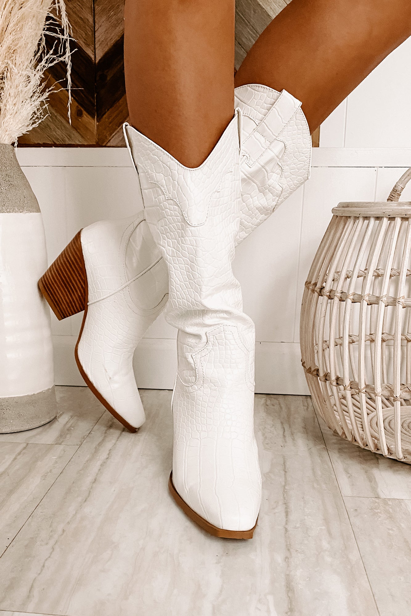 Fierce Step Faux Croc Boots (White Croc)-The Formal Wear