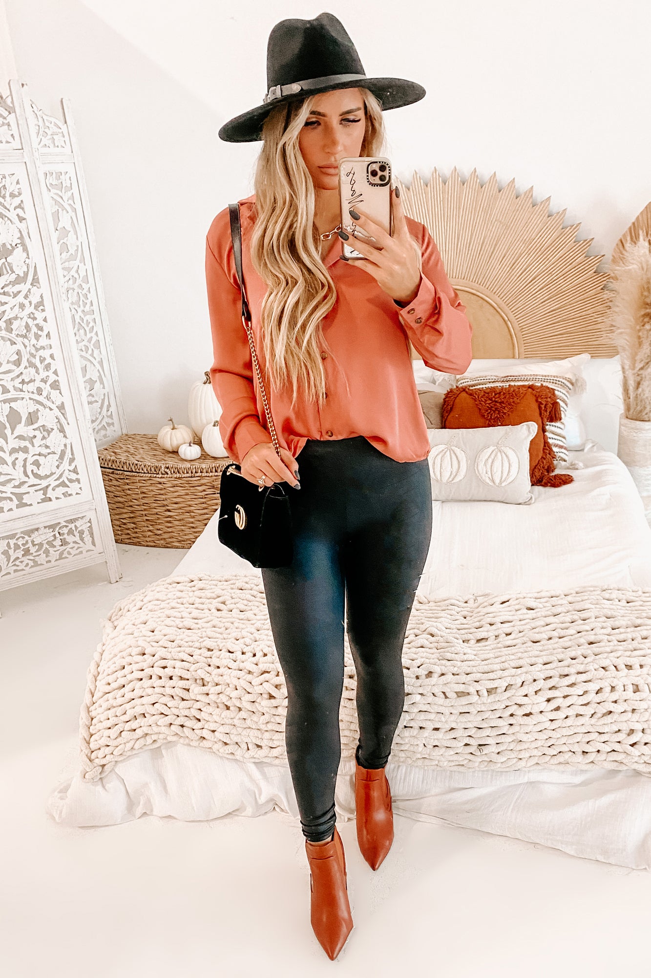 Fax It Over Long Sleeve Satin Button-Down (Brick)-The Formal Wear