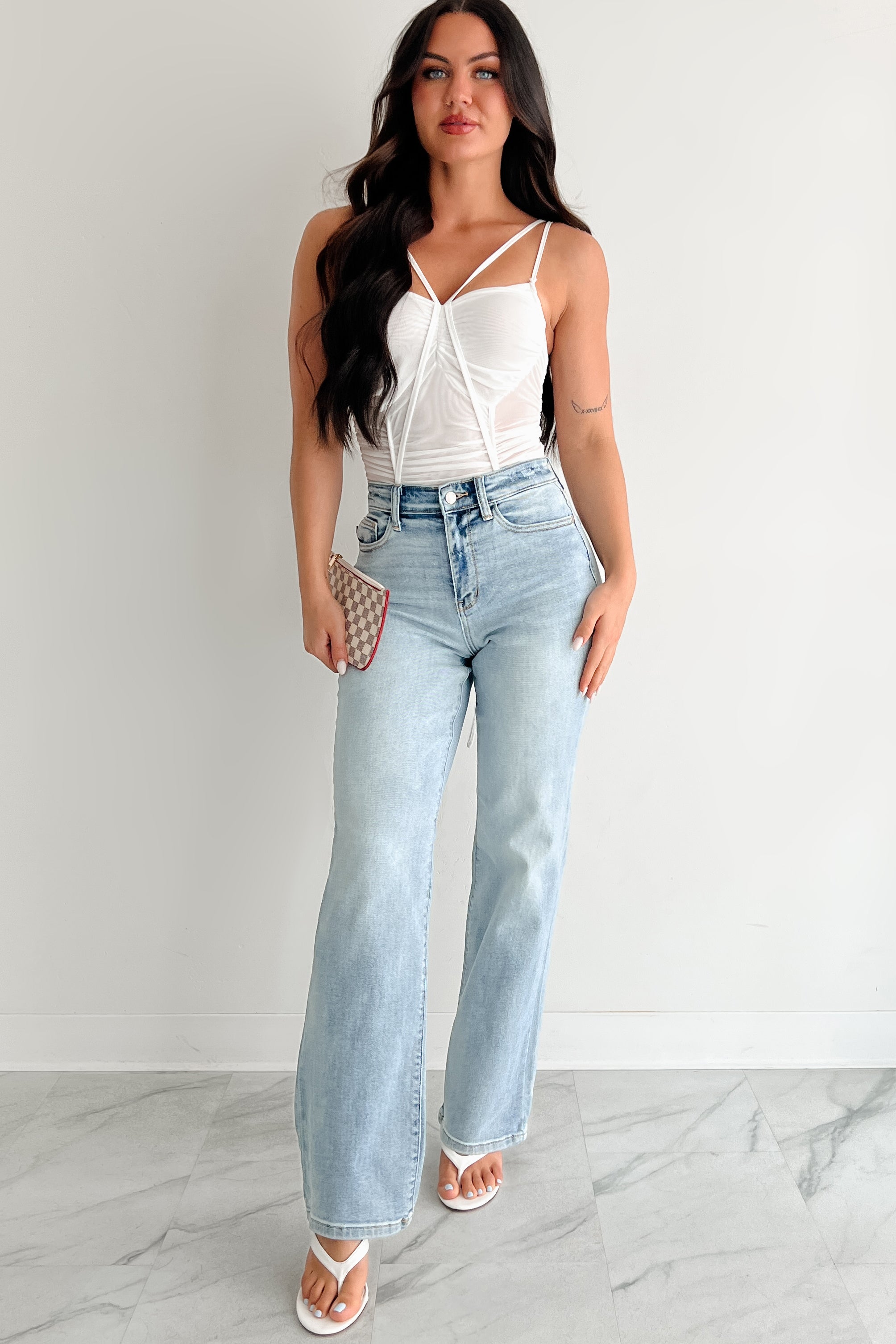 Wild & Weightless Ruched Mesh Bodysuit (White)-The Formal Wear