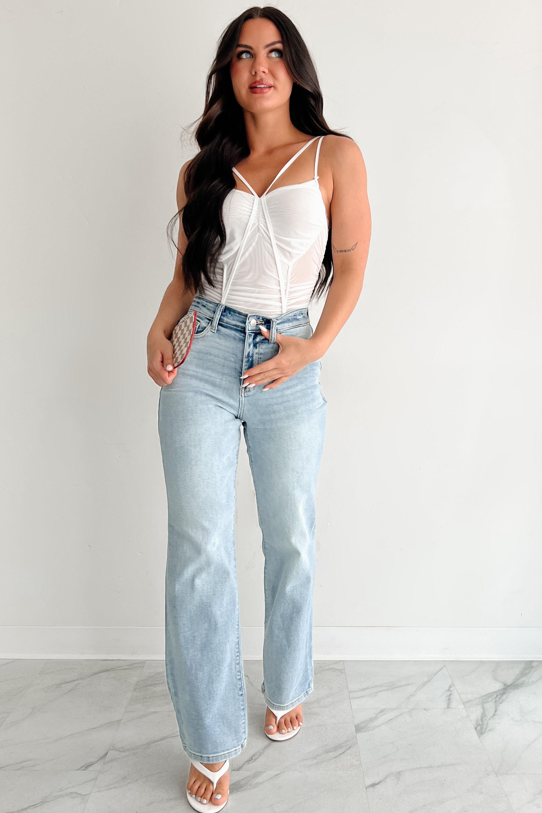 Wild & Weightless Ruched Mesh Bodysuit (White)-The Formal Wear