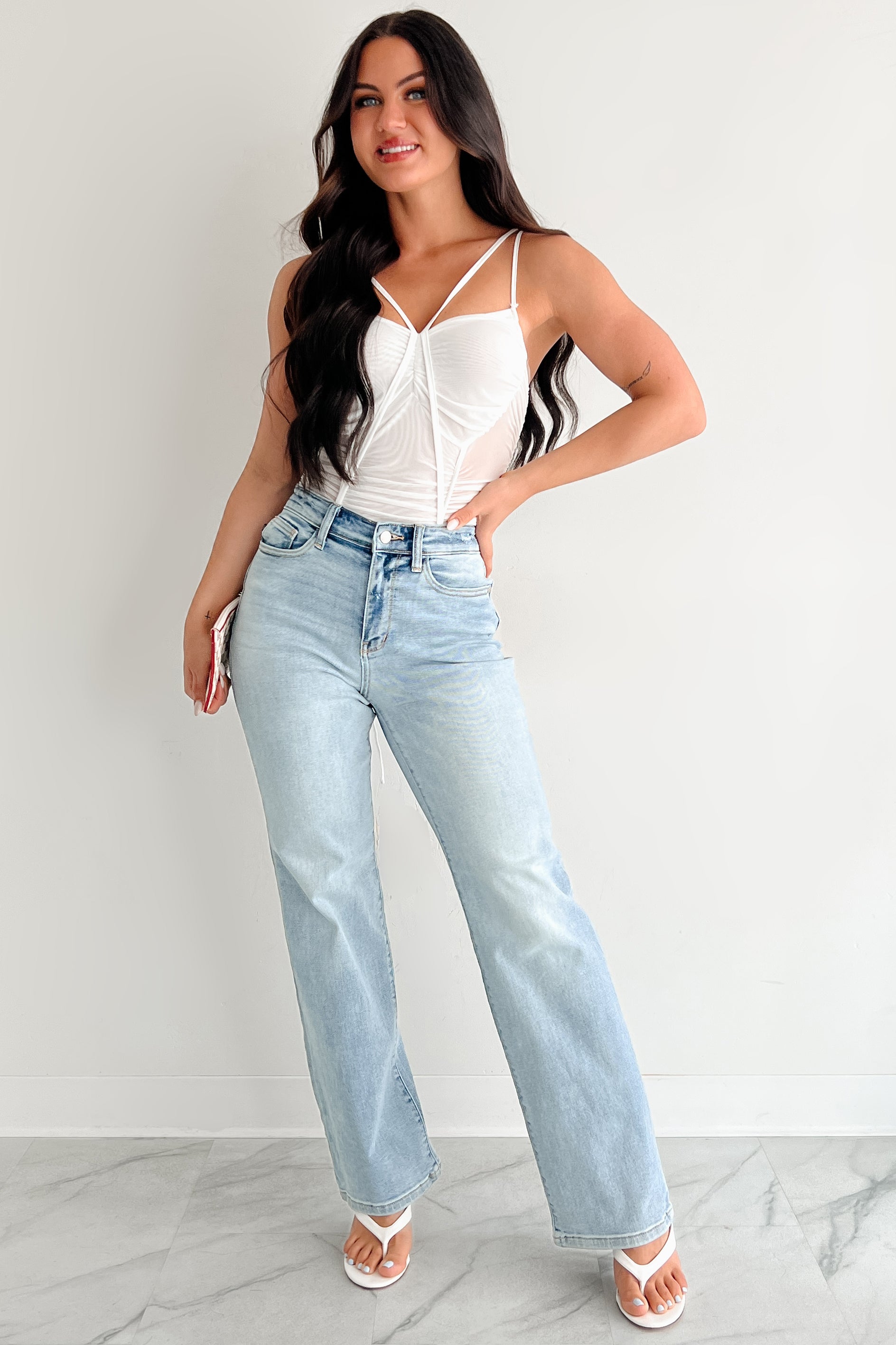 Wild & Weightless Ruched Mesh Bodysuit (White)-The Formal Wear