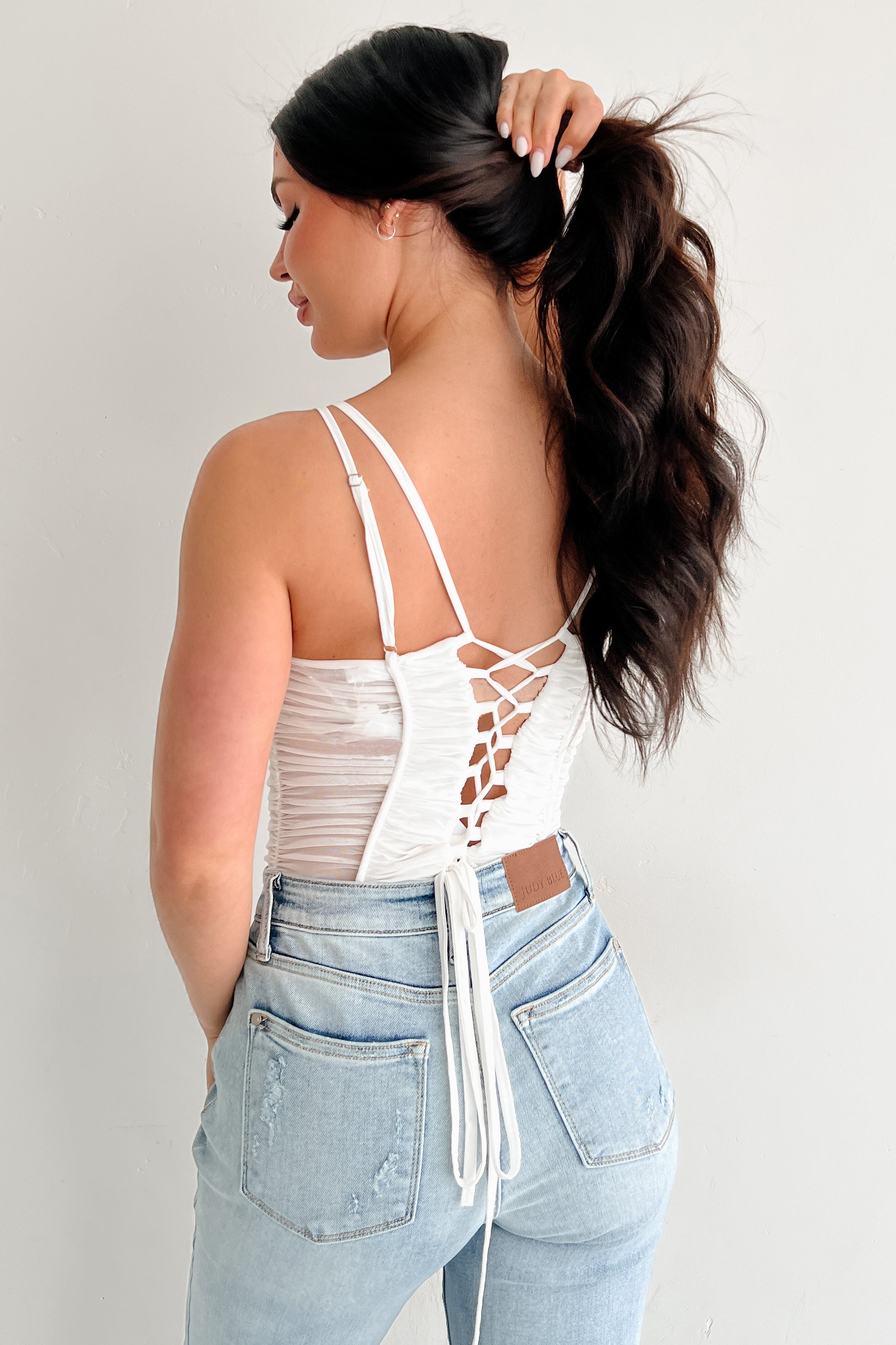 Wild & Weightless Ruched Mesh Bodysuit (White)-The Formal Wear