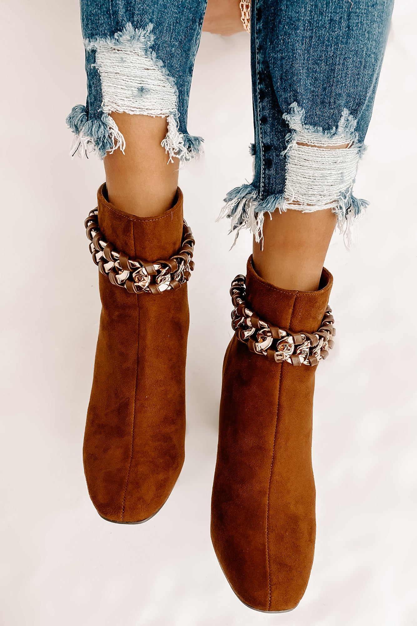 Not My Weakest Link Faux Suede Chain Detail Booties (Brown)-The Formal Wear