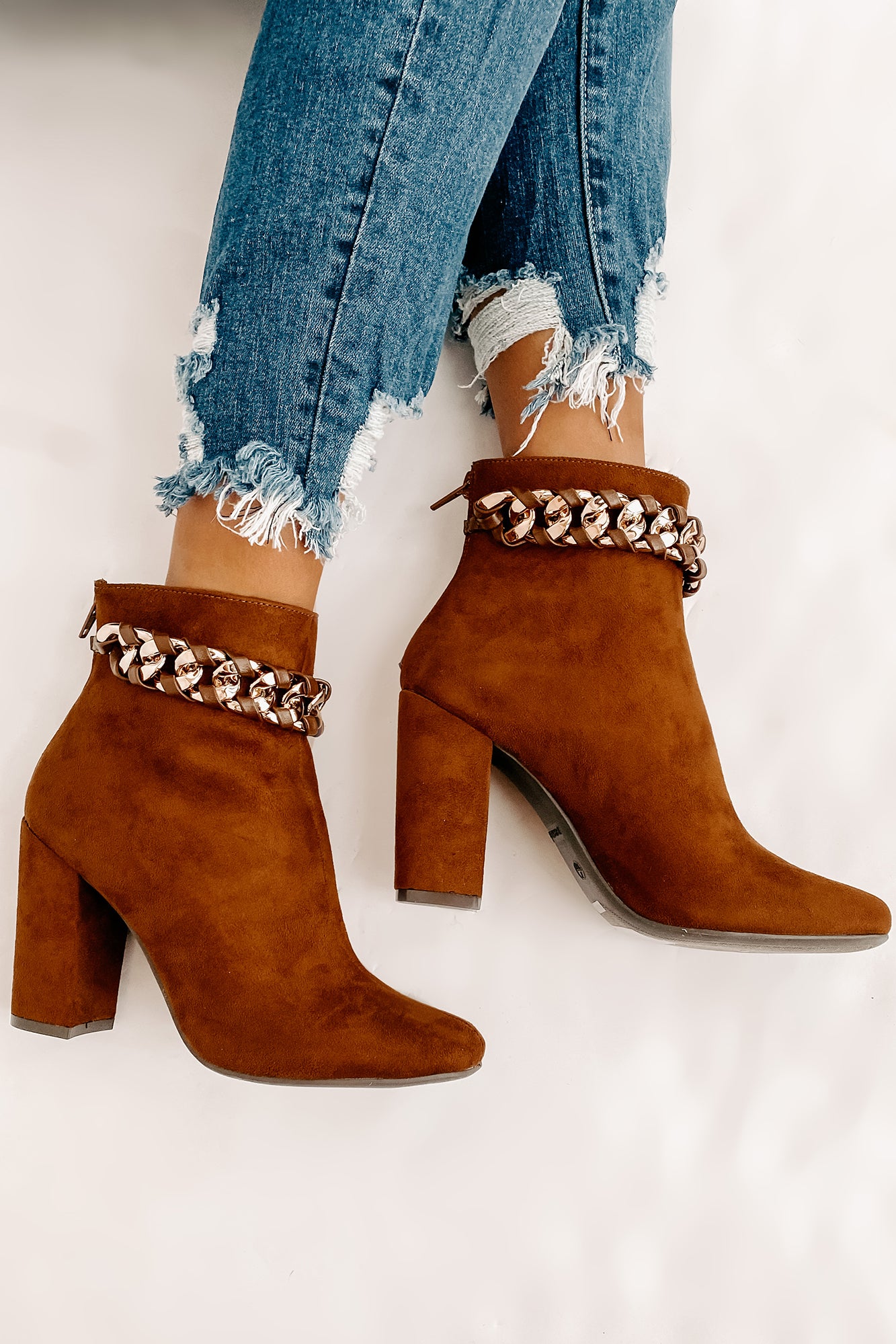 Not My Weakest Link Faux Suede Chain Detail Booties (Brown)-The Formal Wear