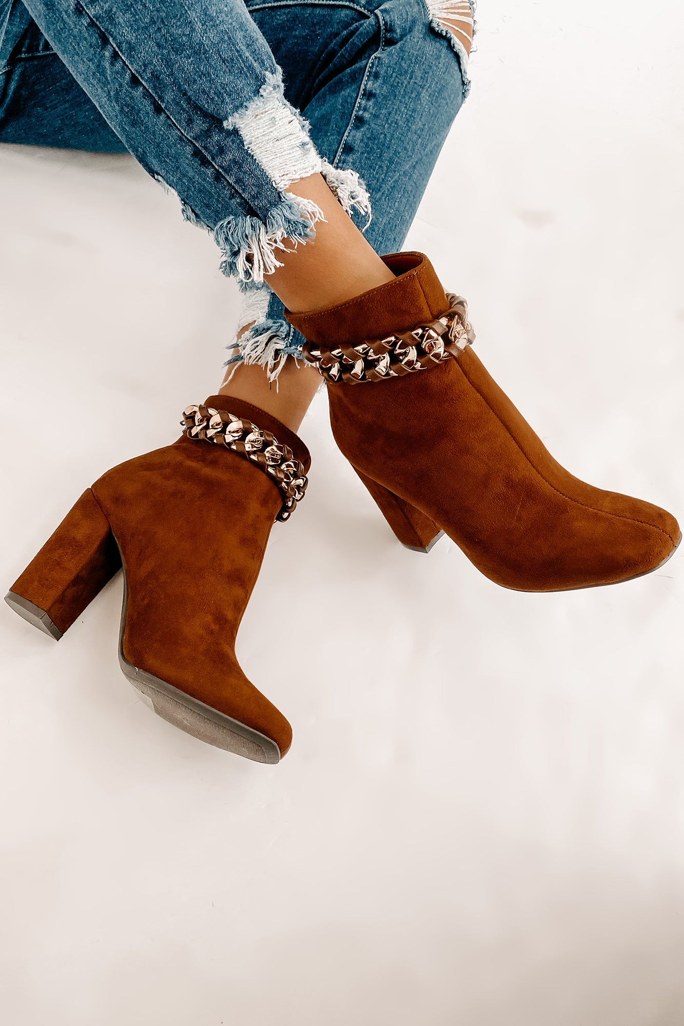 Not My Weakest Link Faux Suede Chain Detail Booties (Brown)-The Formal Wear
