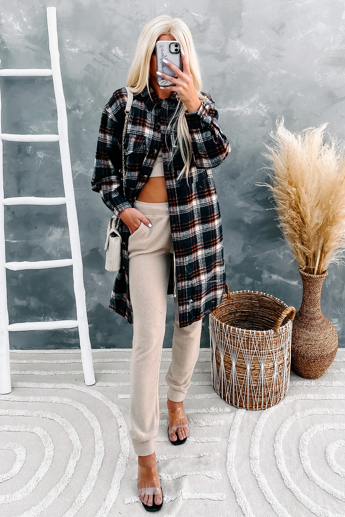 Call Your Bluff Long Plaid Shacket (Navy/Rust)-The Formal Wear