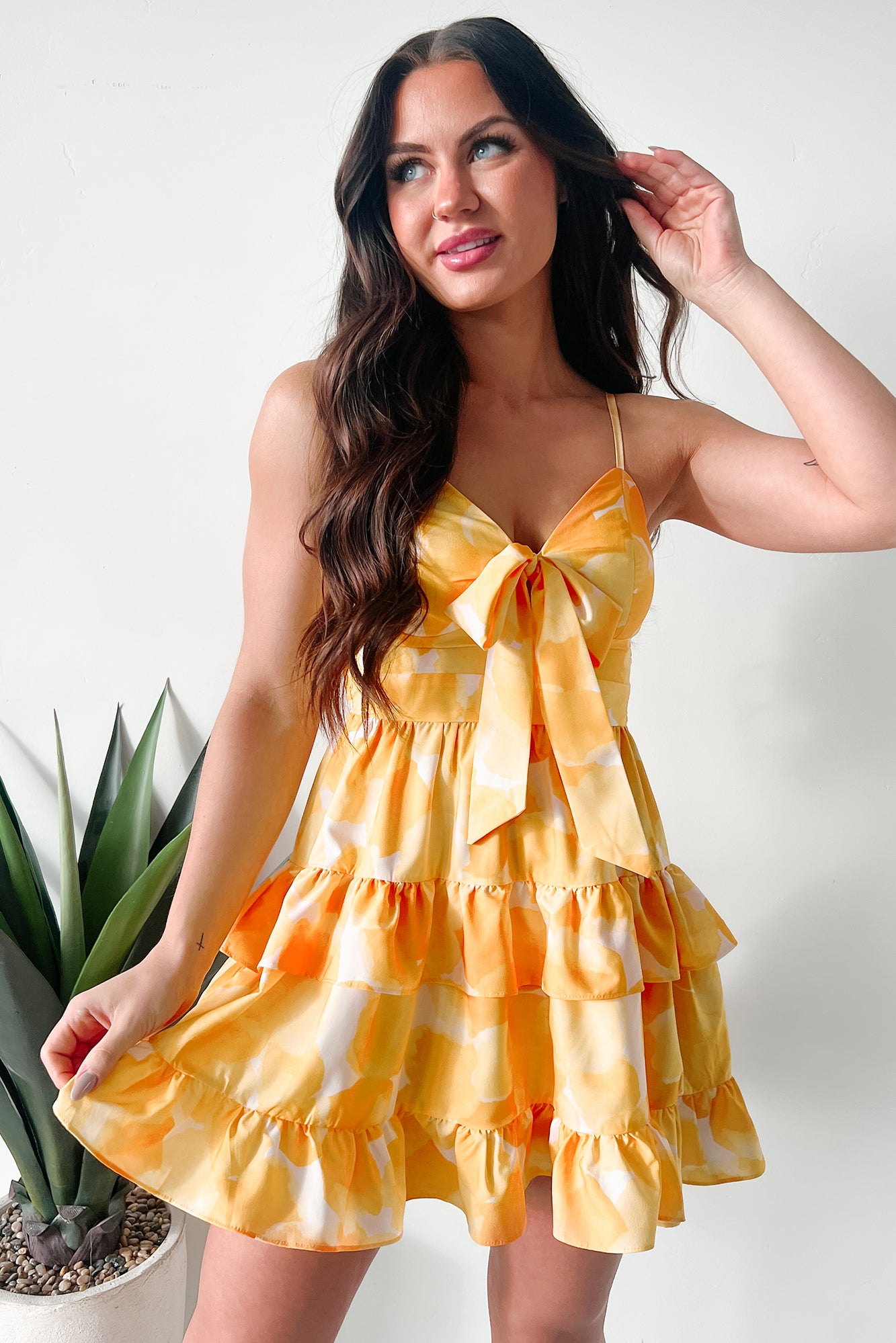 Chasing the Sun Ruffled Print Bow Tie Mini Dress (Lemon)-The Formal Wear