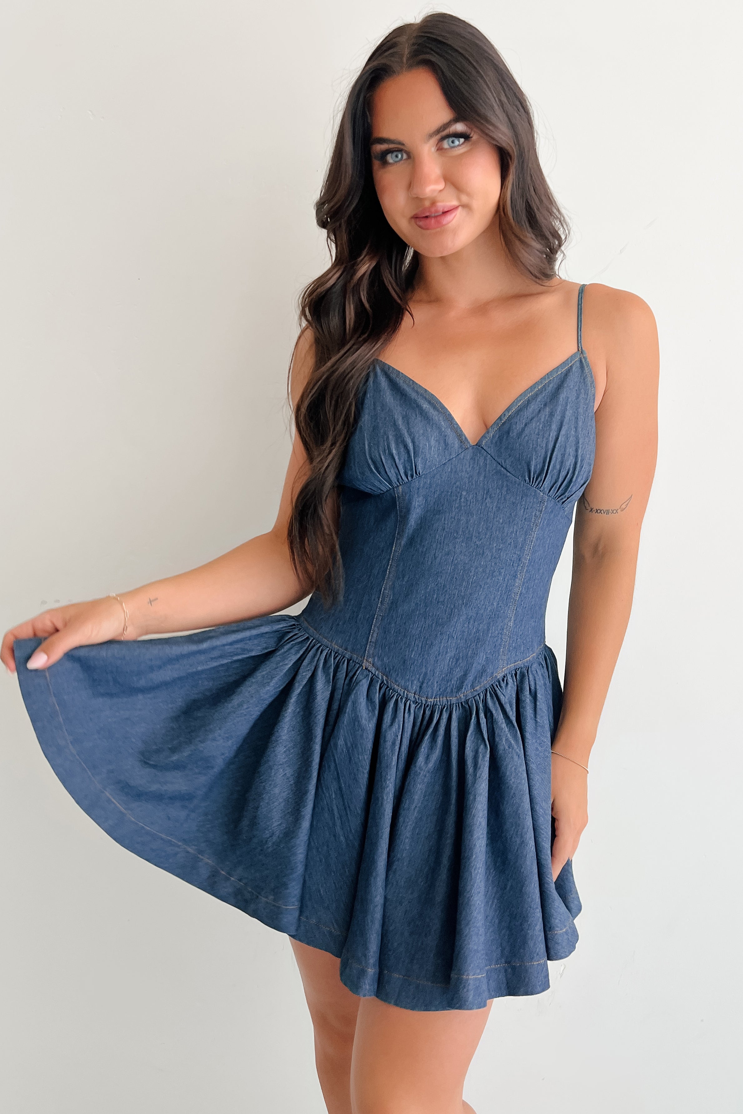 Bursting Bold Sleeveless Denim Mini Dress (Dark)-The Formal Wear