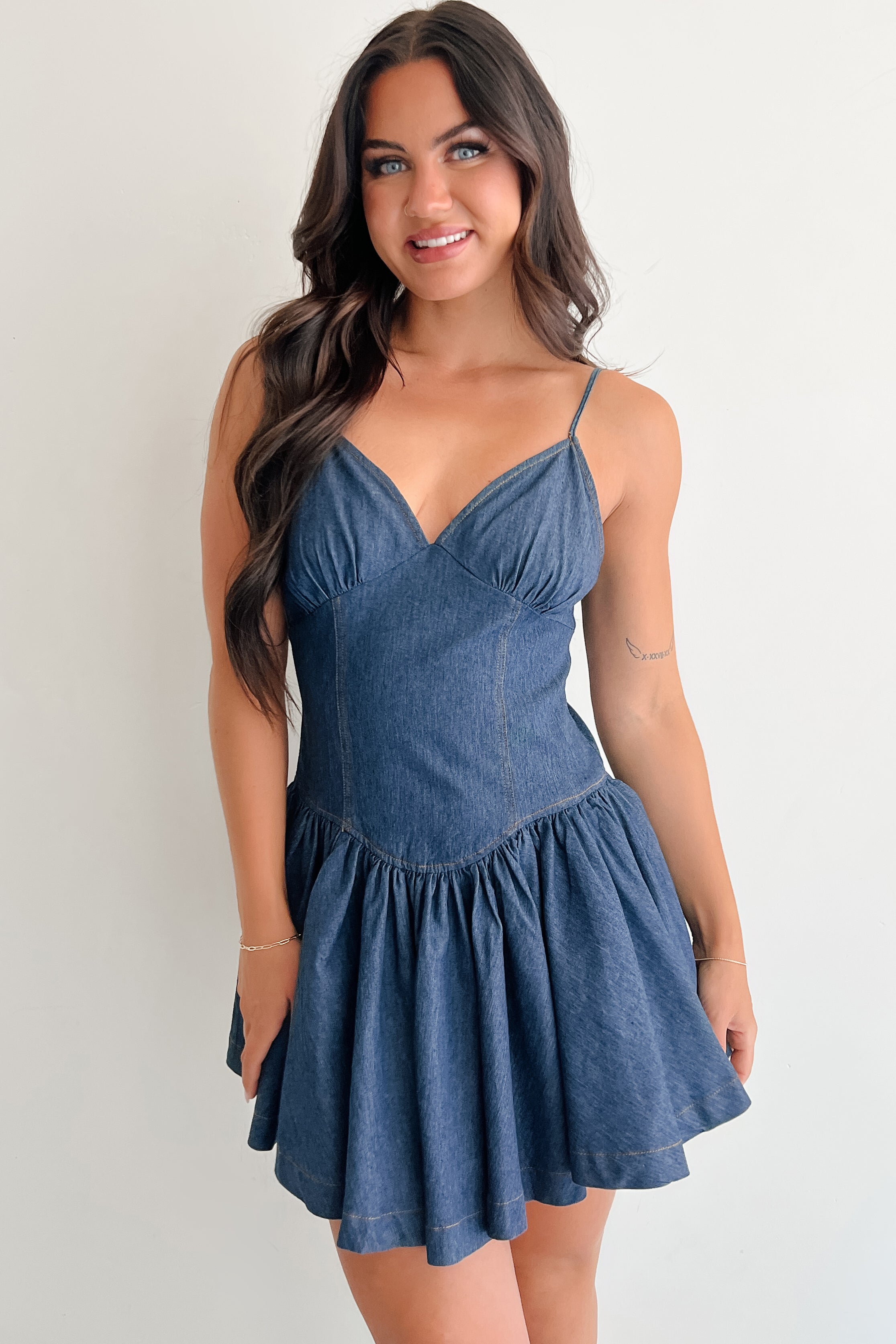 Bursting Bold Sleeveless Denim Mini Dress (Dark)-The Formal Wear