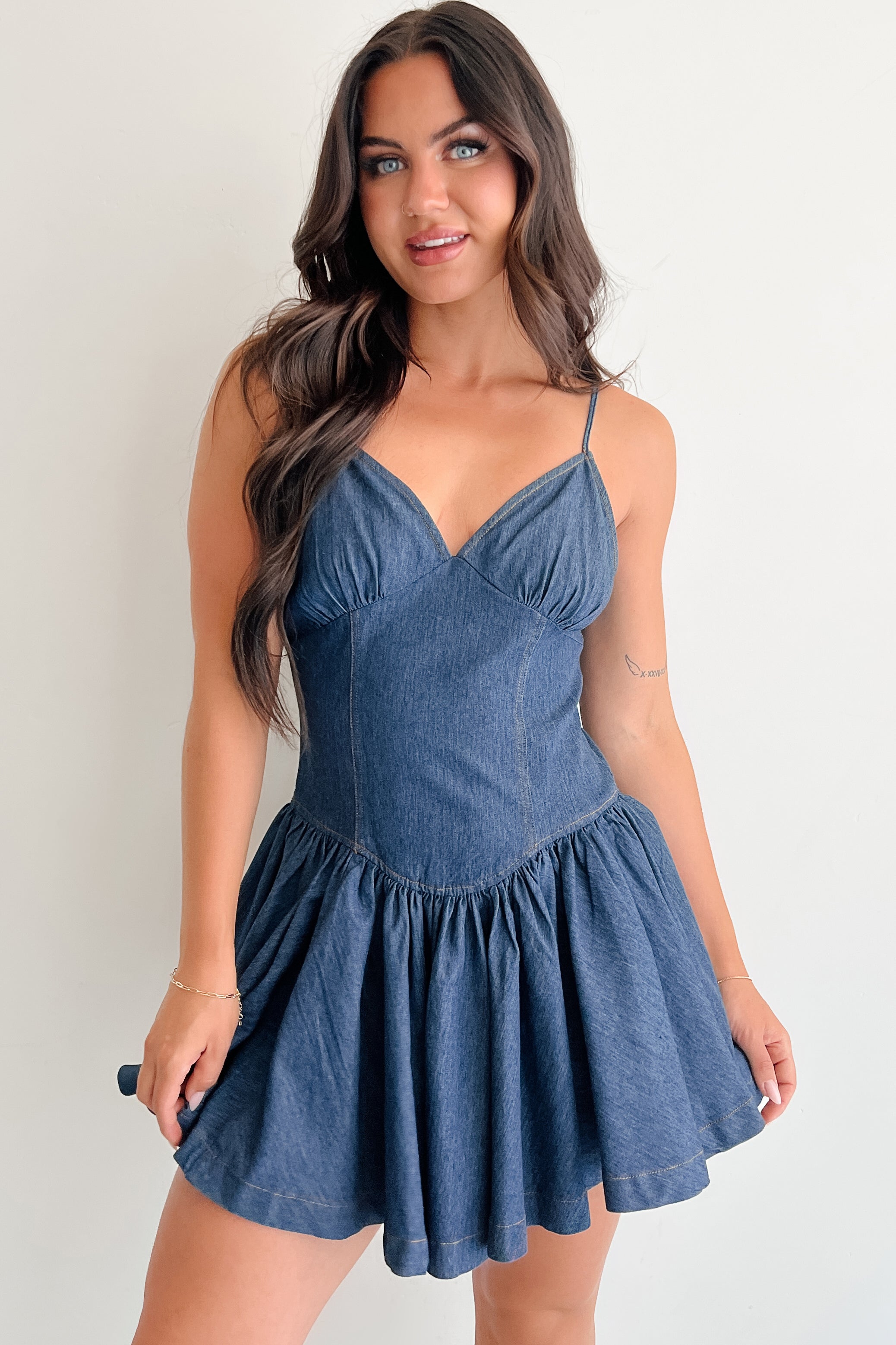 Bursting Bold Sleeveless Denim Mini Dress (Dark)-The Formal Wear
